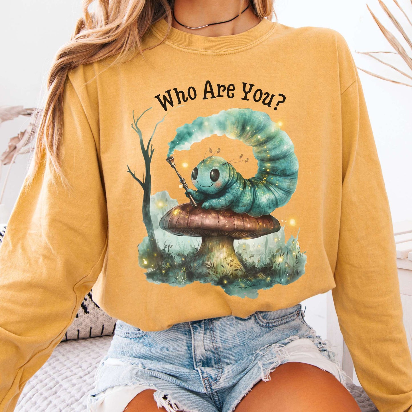Long-sleeve Mustard / S Who are you? Caterpillar Alice's Adventures in Wonderland Long Sleeve Shirt The Mystic Eden