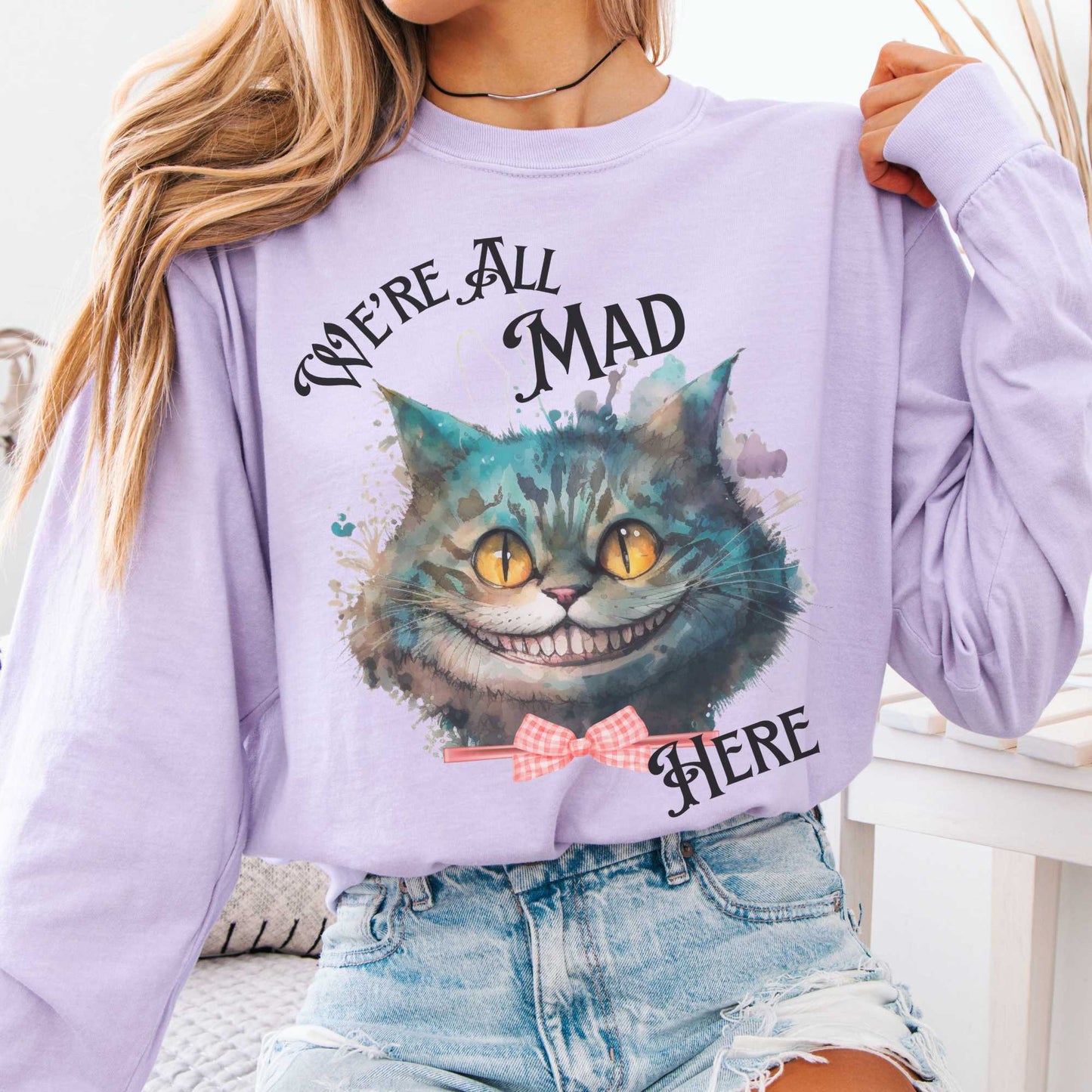 Long-sleeve Orchid / S We're All Mad Here Cheshire Cat Long Sleeve Shirt The Mystic Eden