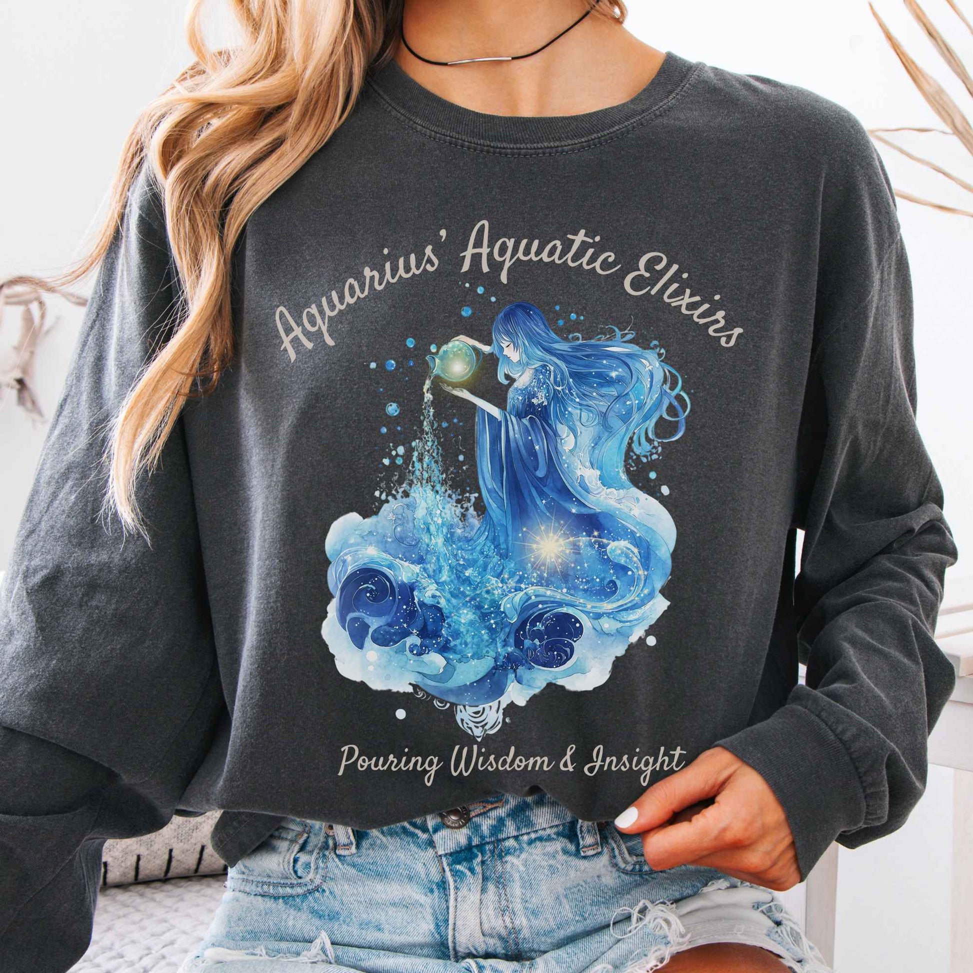 Long-sleeve Pepper / S Aquarius Aquatic Elixirs Zodiac Long Sleeve Tee The Mystic Eden