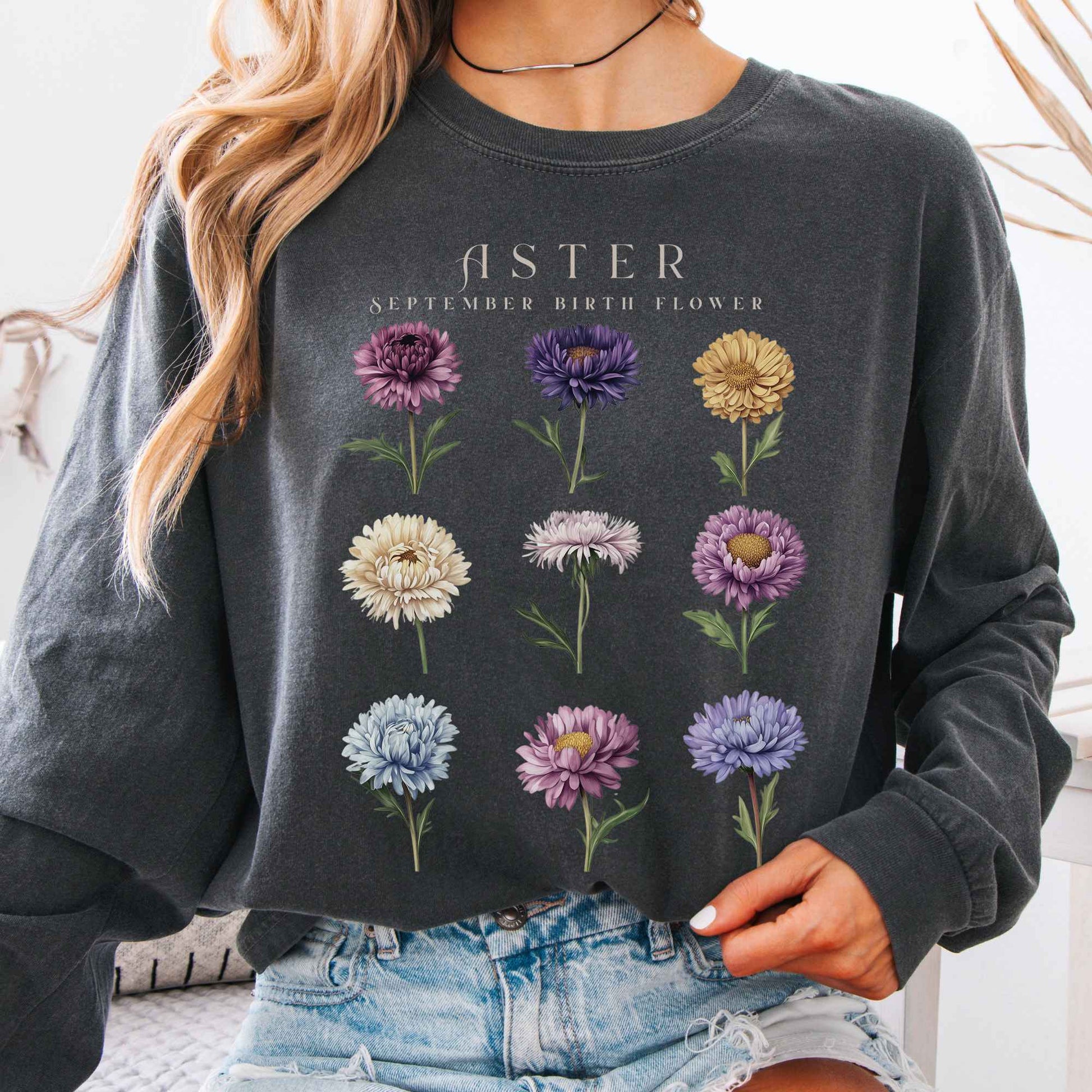 Long-sleeve Pepper / S Aster September Birth Month Flower Long Sleeve Shirt The Mystic Eden