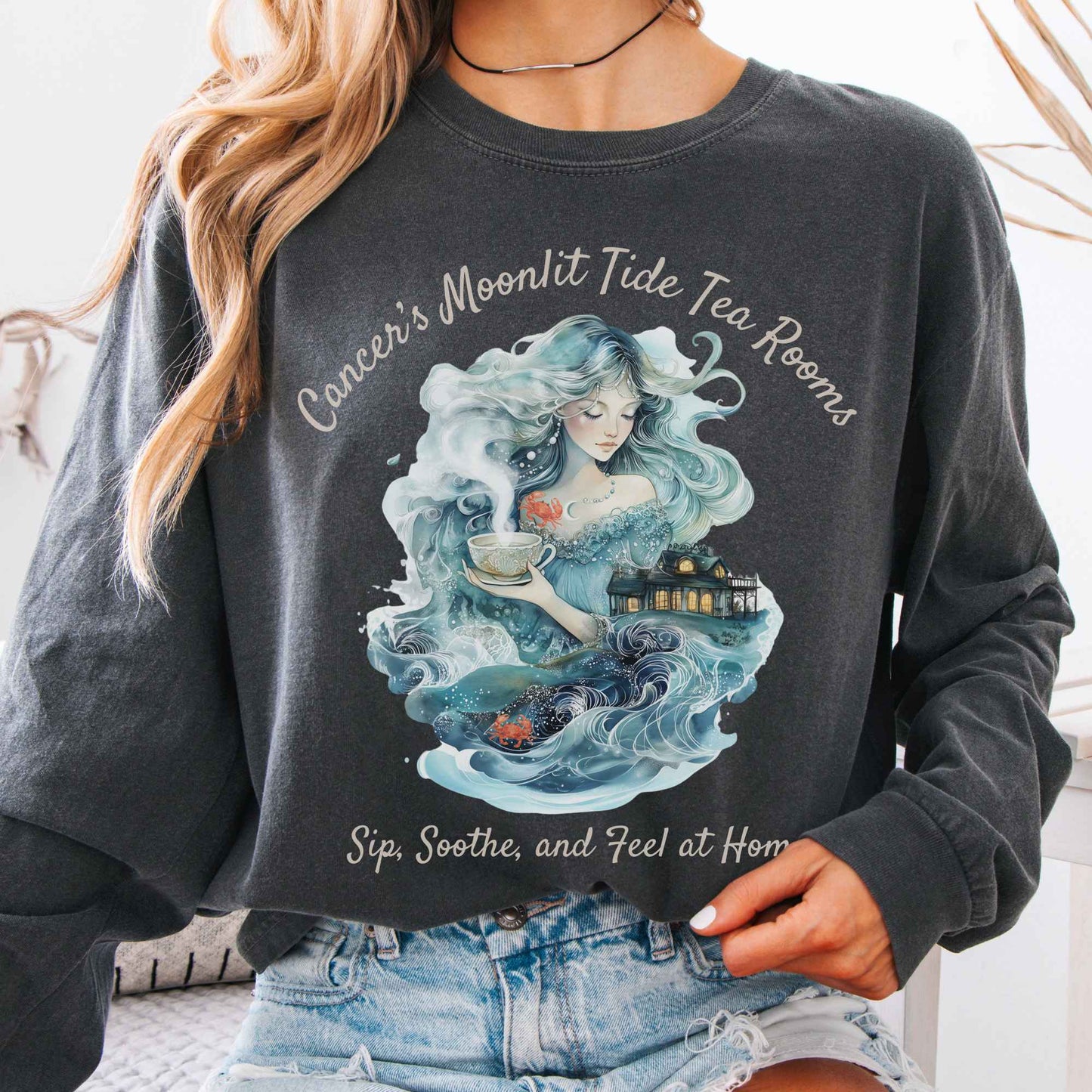 Long-sleeve Pepper / S Cancer's Moonlit Tide Tea Rooms Zodiac Long Sleeve Tee The Mystic Eden