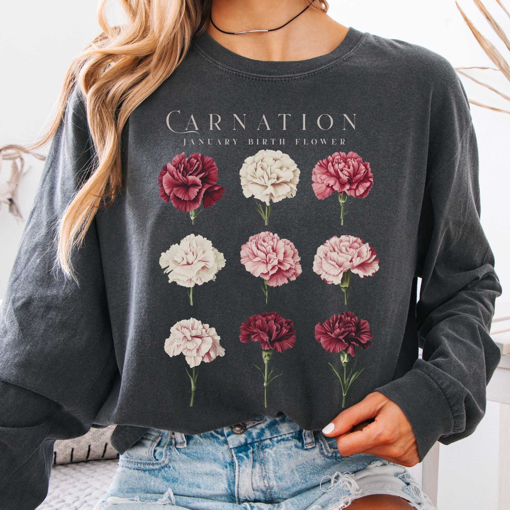Long-sleeve Pepper / S Carnation January Birth Month Flower Long Sleeve Shirt The Mystic Eden