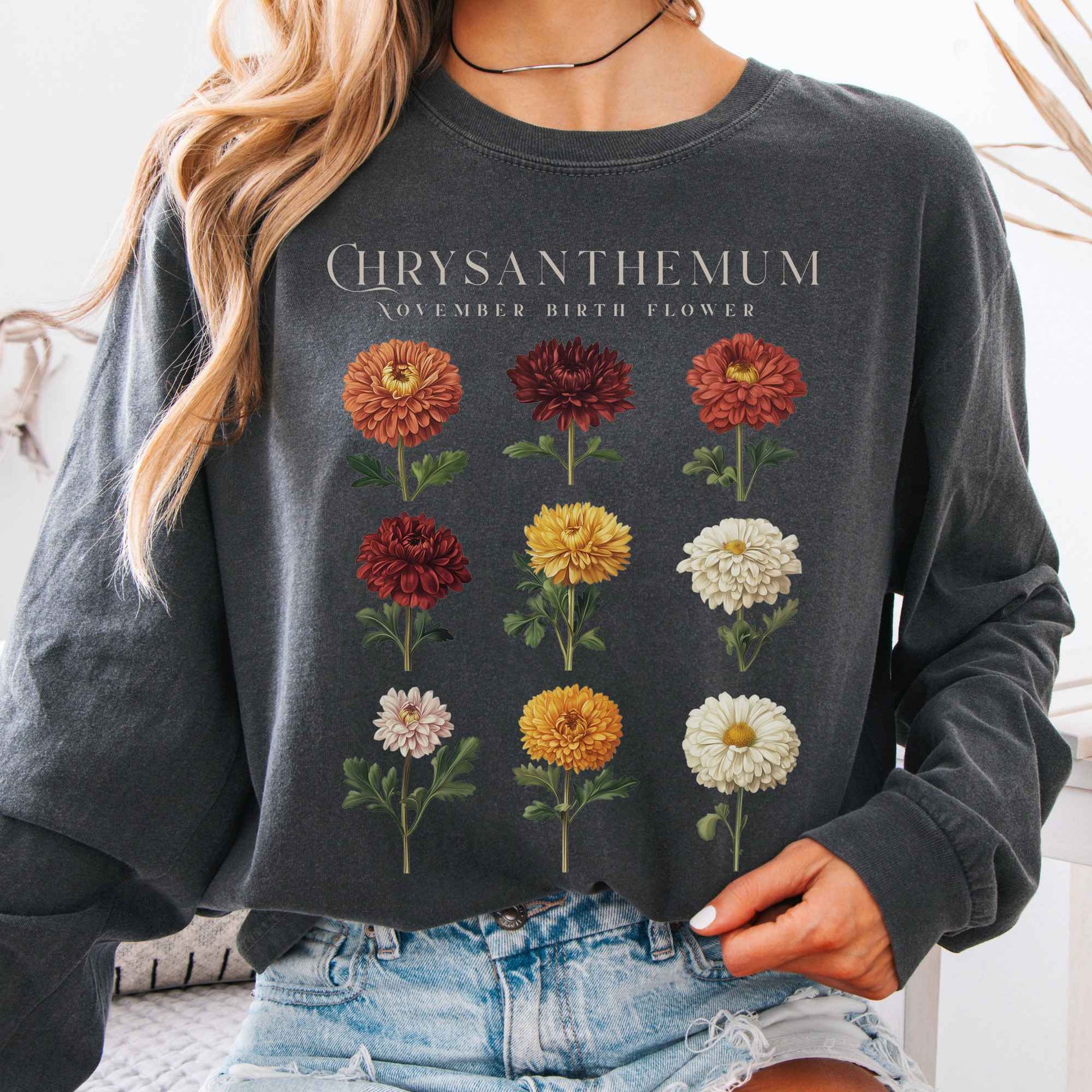 Long-sleeve Pepper / S Chrysanthemum November Birth Month Flower Long Sleeve Shirt The Mystic Eden