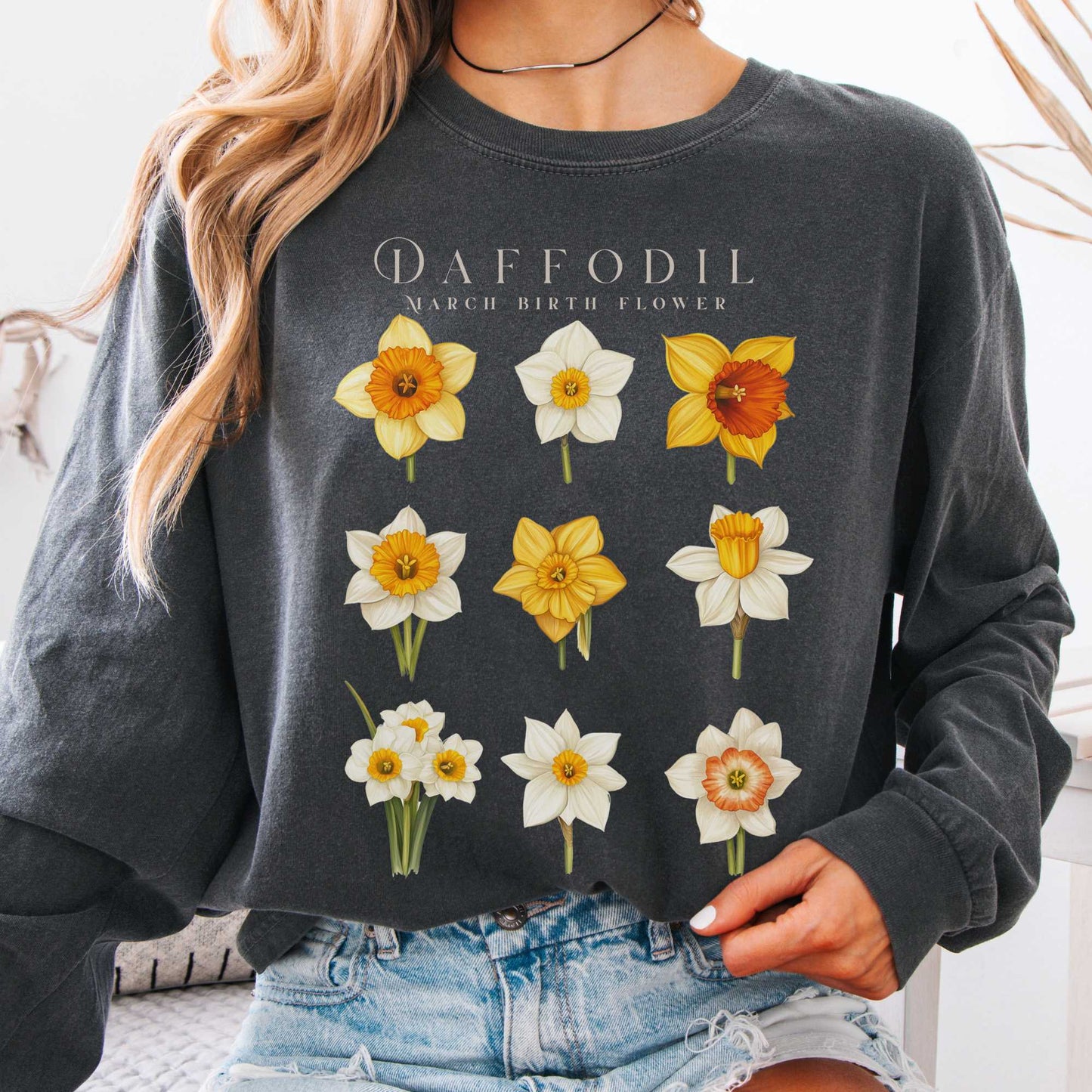 Long-sleeve Pepper / S Daffodil March Birth Month Flower Long Sleeve Shirt The Mystic Eden