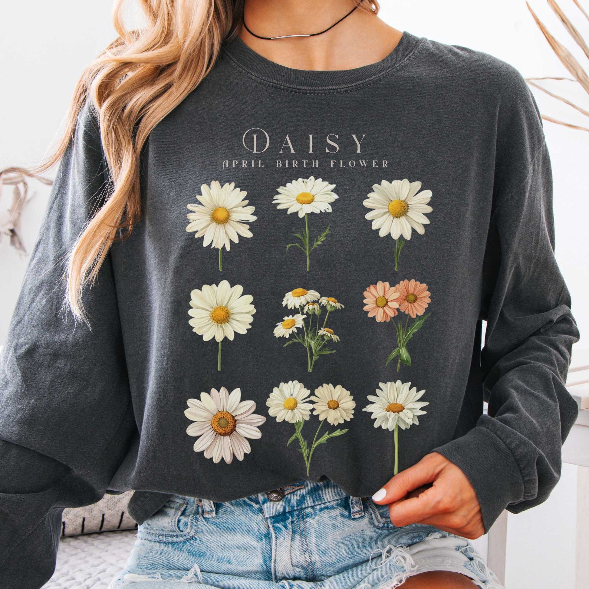 Long-sleeve Pepper / S Daisy April Birth Month Flower Long Sleeve Shirt The Mystic Eden