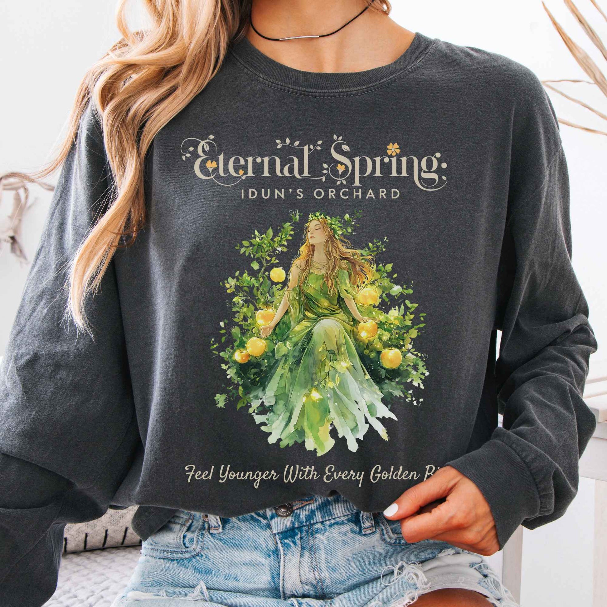 Long-sleeve Pepper / S Eternal Spring Idun's Orchard Norse Goddess Long Sleeve Shirt The Mystic Eden