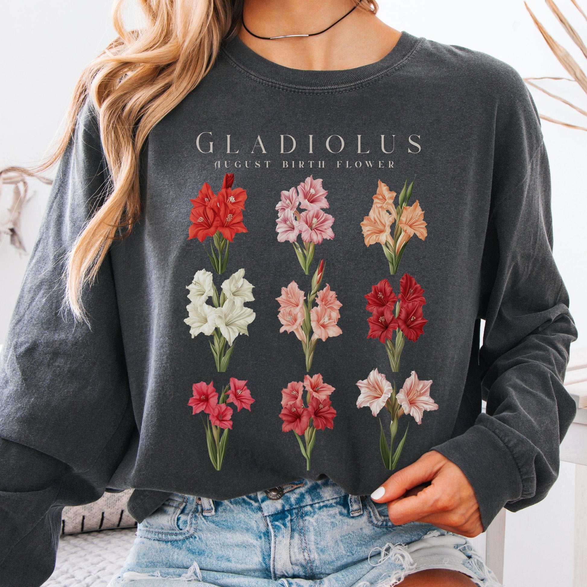 Long-sleeve Pepper / S Gladiolus August Birth Month Flower Long Sleeve Shirt The Mystic Eden
