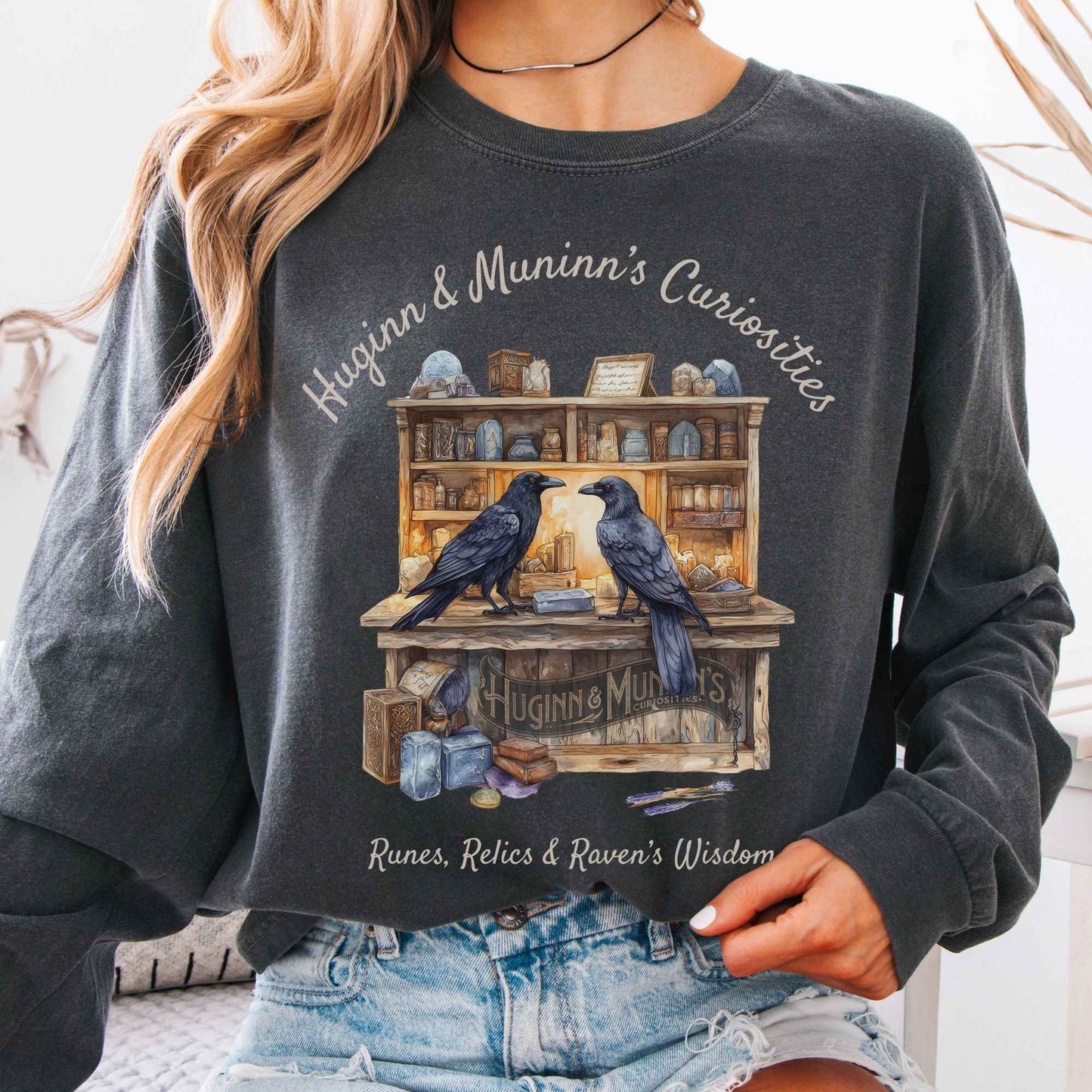 Long-sleeve Pepper / S Huginn & Muninn's Curiosities Norse Gods Long Sleeve Shirt The Mystic Eden