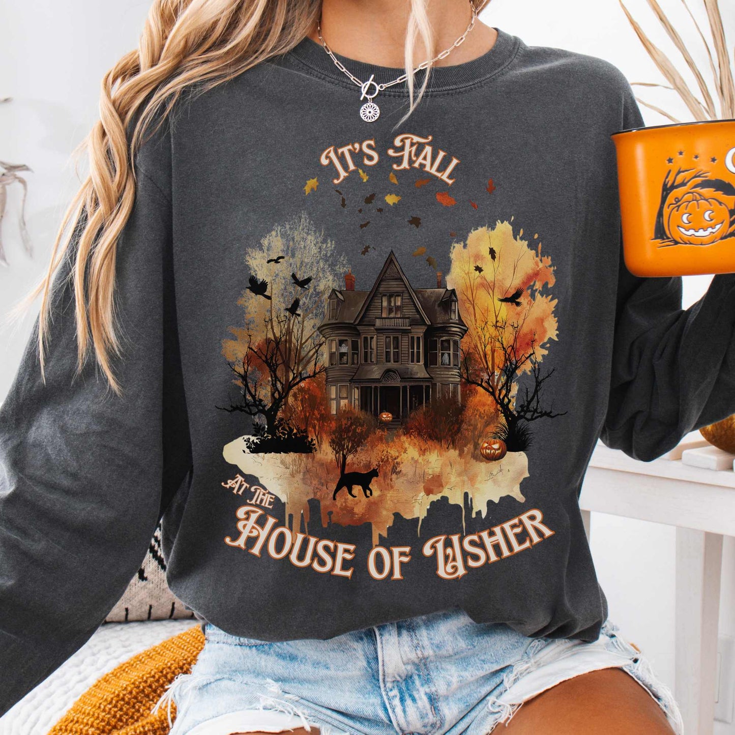 Long-sleeve Pepper / S It's Fall at the House of Usher - Edgar Allan Poe Fall Shirt The Mystic Eden