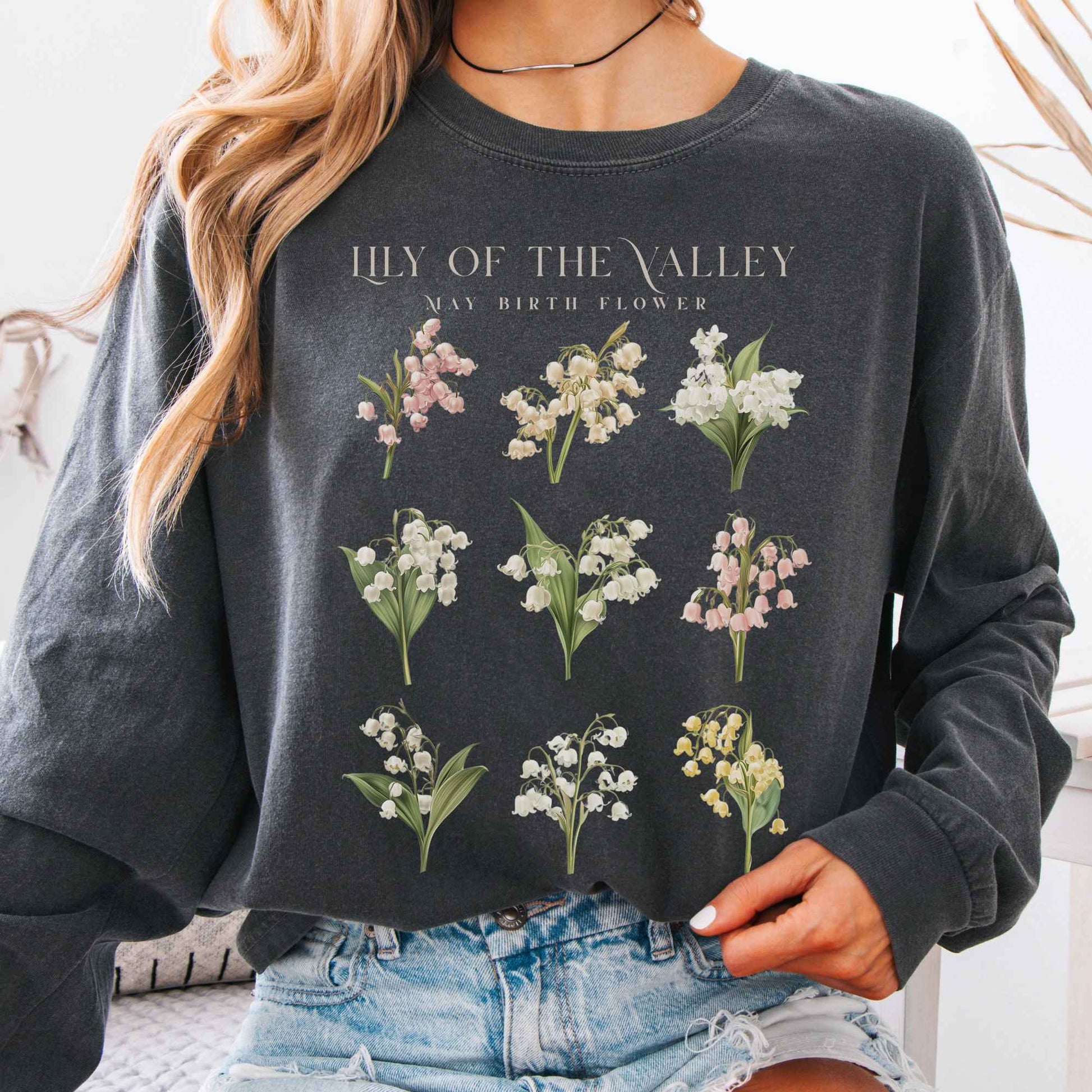 Long-sleeve Pepper / S Lily of The Valley May Birth Month Flower Long Sleeve Shirt The Mystic Eden