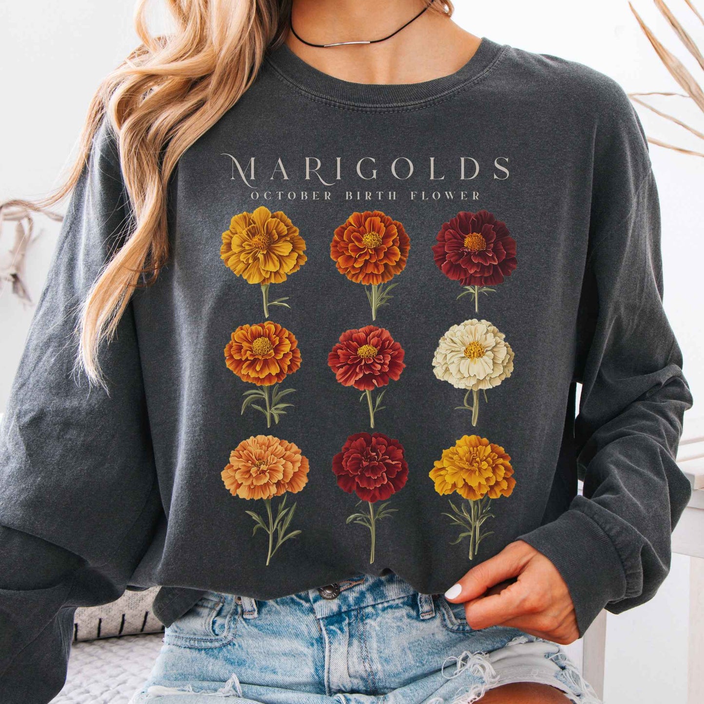 Long-sleeve Pepper / S Marigolds October Birth Month Flower Long Sleeve Shirt The Mystic Eden