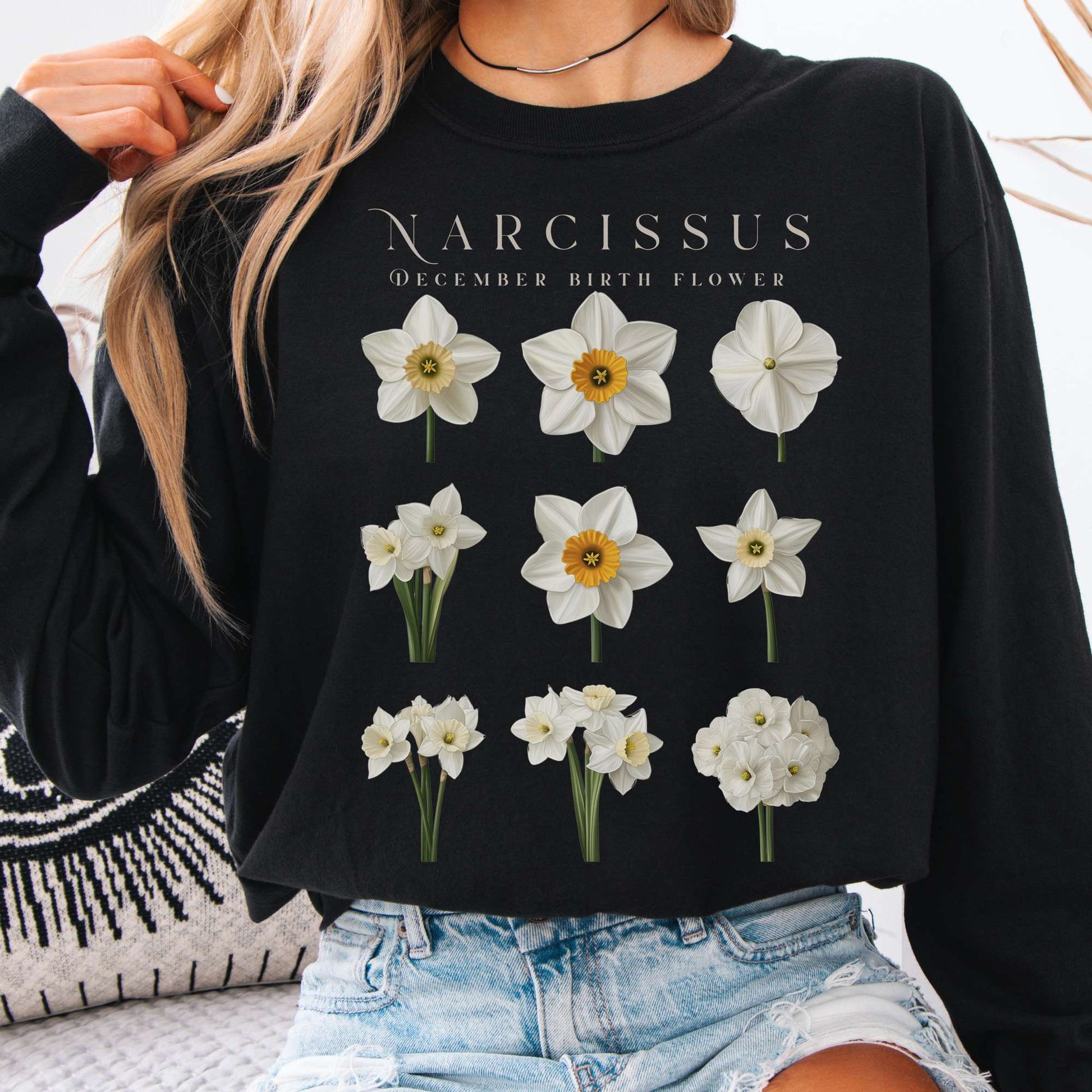 Long-sleeve Pepper / S Narcissus December Birth Month Flower Long Sleeve Shirt The Mystic Eden