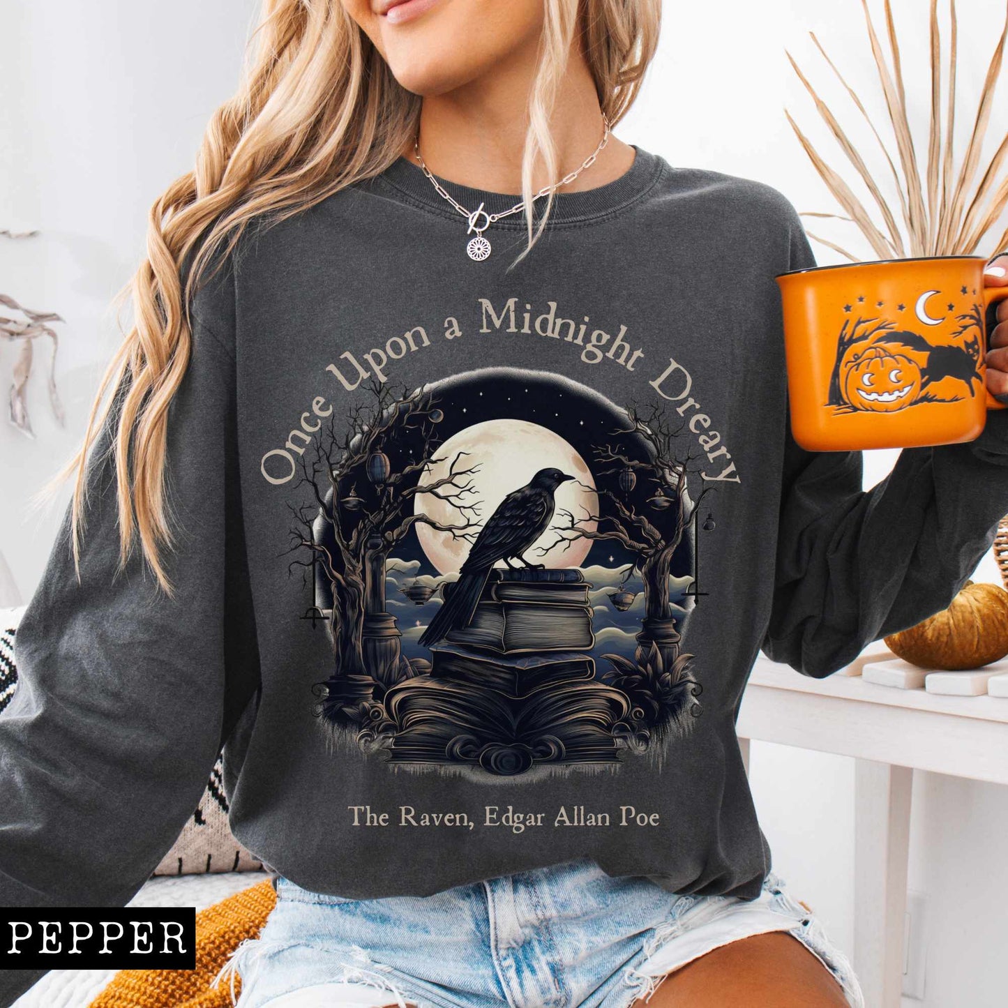 Long-sleeve Pepper / S Once Upon a Midnight Dreary Edgar Allan Poe Long Sleeved Shirt The Mystic Eden