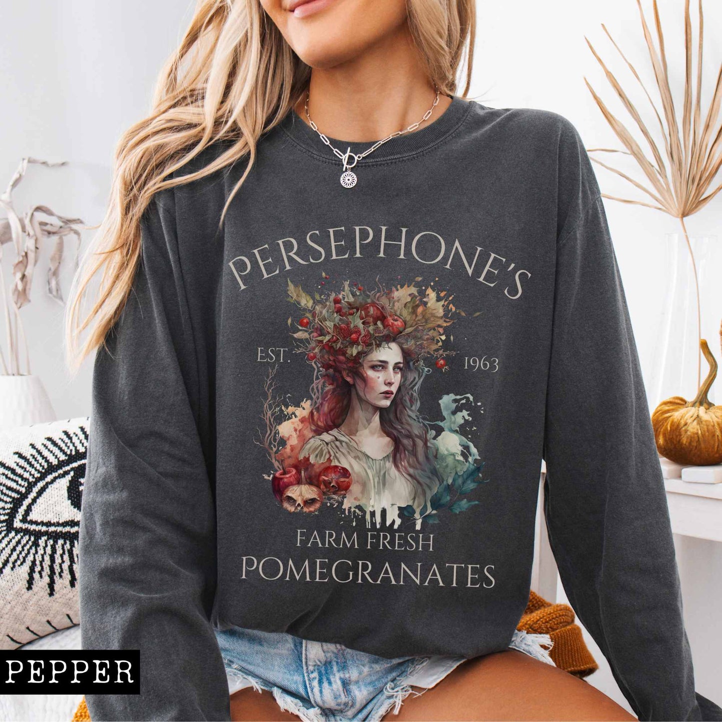 Long-sleeve Pepper / S Persephone's Farm Fresh Pomegranates Long Sleeve T-Shirt The Mystic Eden