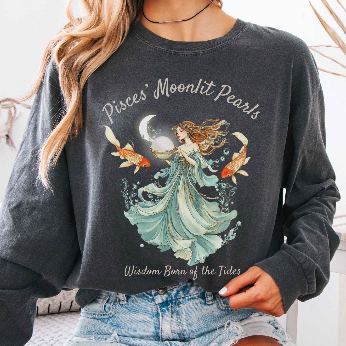 Long-sleeve Pepper / S Pisces' Moonlit Pearls Zodiac Long Sleeve Tee The Mystic Eden