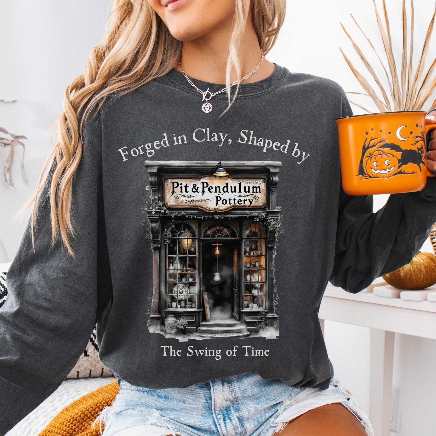 Long-sleeve Pepper / S Pit & Pendulum Pottery Edgar Allan Poe Long Sleeved Shirt The Mystic Eden