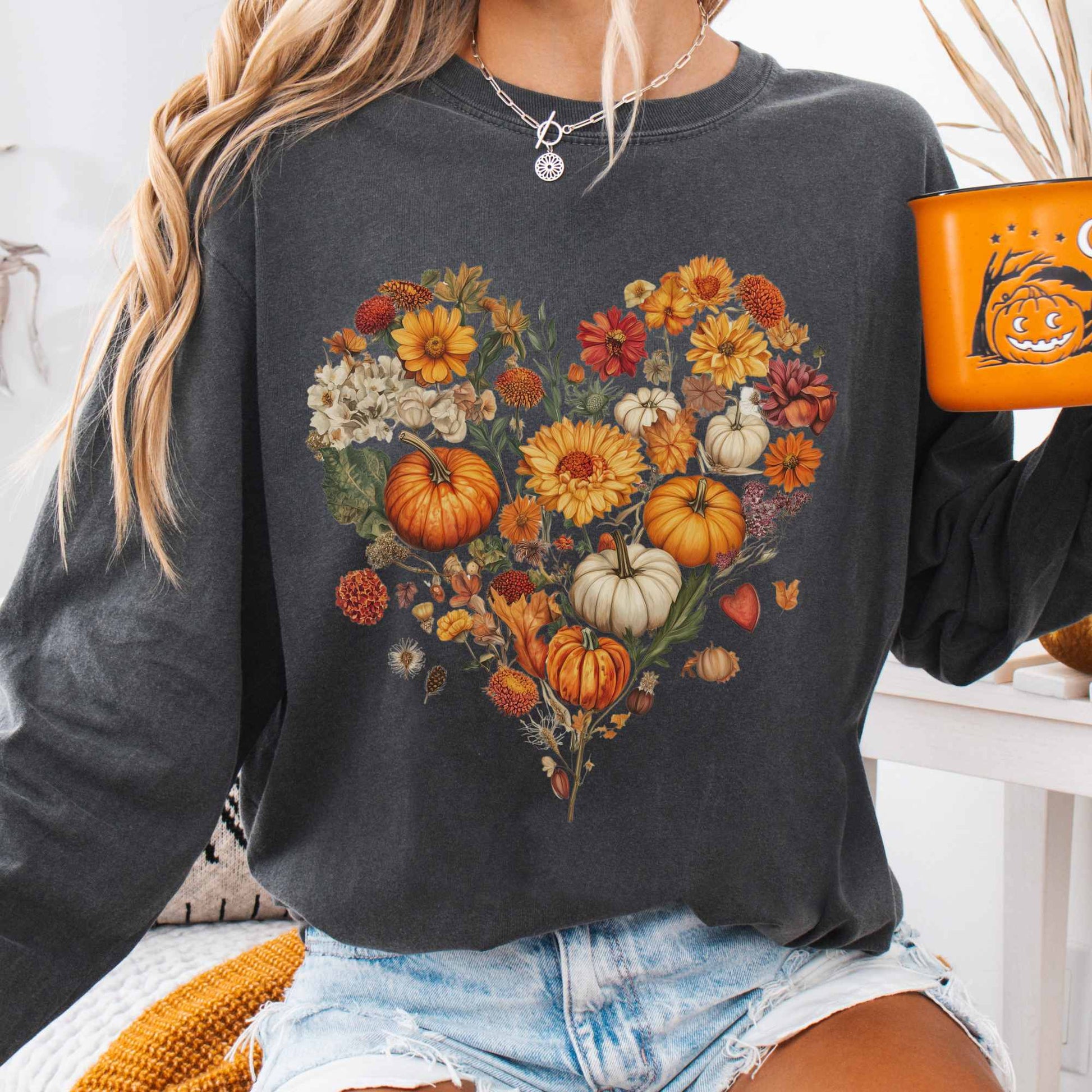 Long-sleeve Pepper / S Pumpkin floral fall heart - long sleeve tee The Mystic Eden