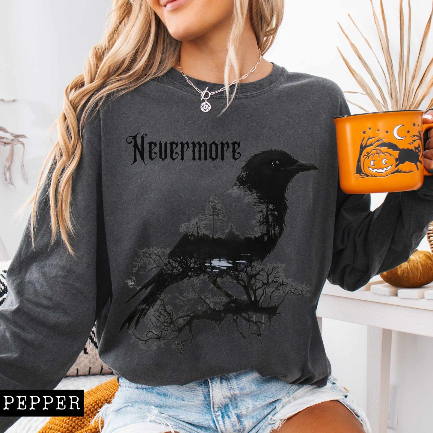 Long-sleeve Pepper / S The Raven Nevermore Long Sleeved Shirt Edgar Allan Poe The Mystic Eden