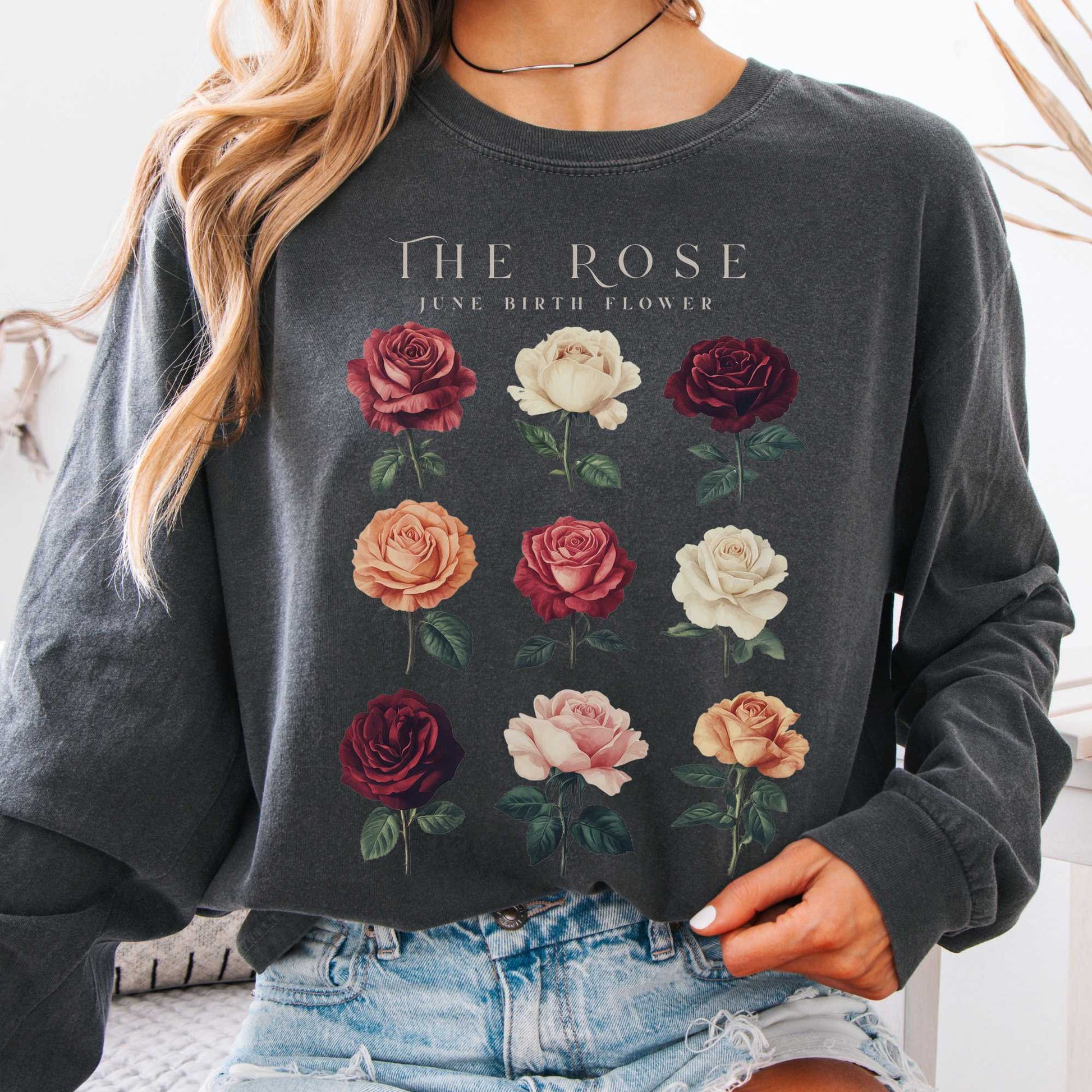 Long-sleeve Pepper / S The Rose June Birth Month Flower Long Sleeve Shirt The Mystic Eden