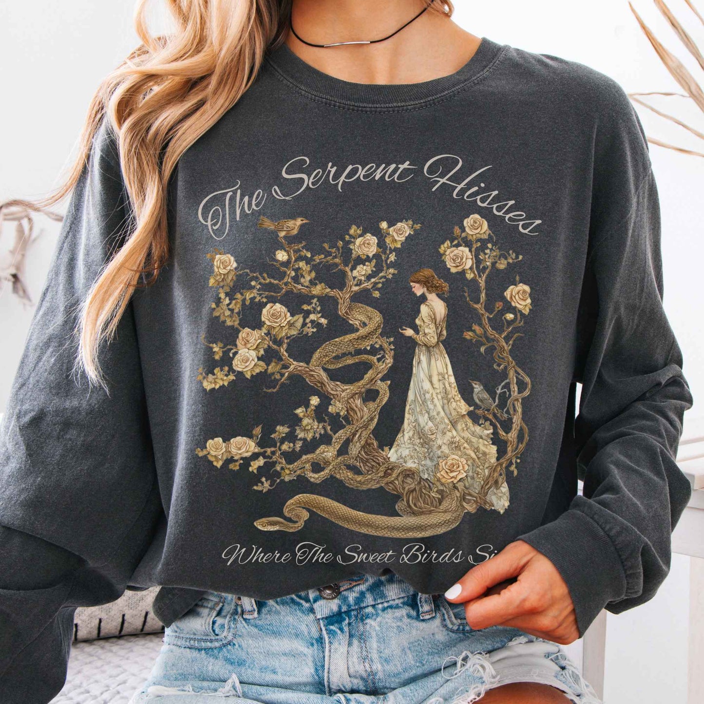 Long-sleeve Pepper / S The Serpent Snake Hisses Where The Sweet Birds Sing Tess of The d'Urbervilles Long Sleeve Shirt The Mystic Eden