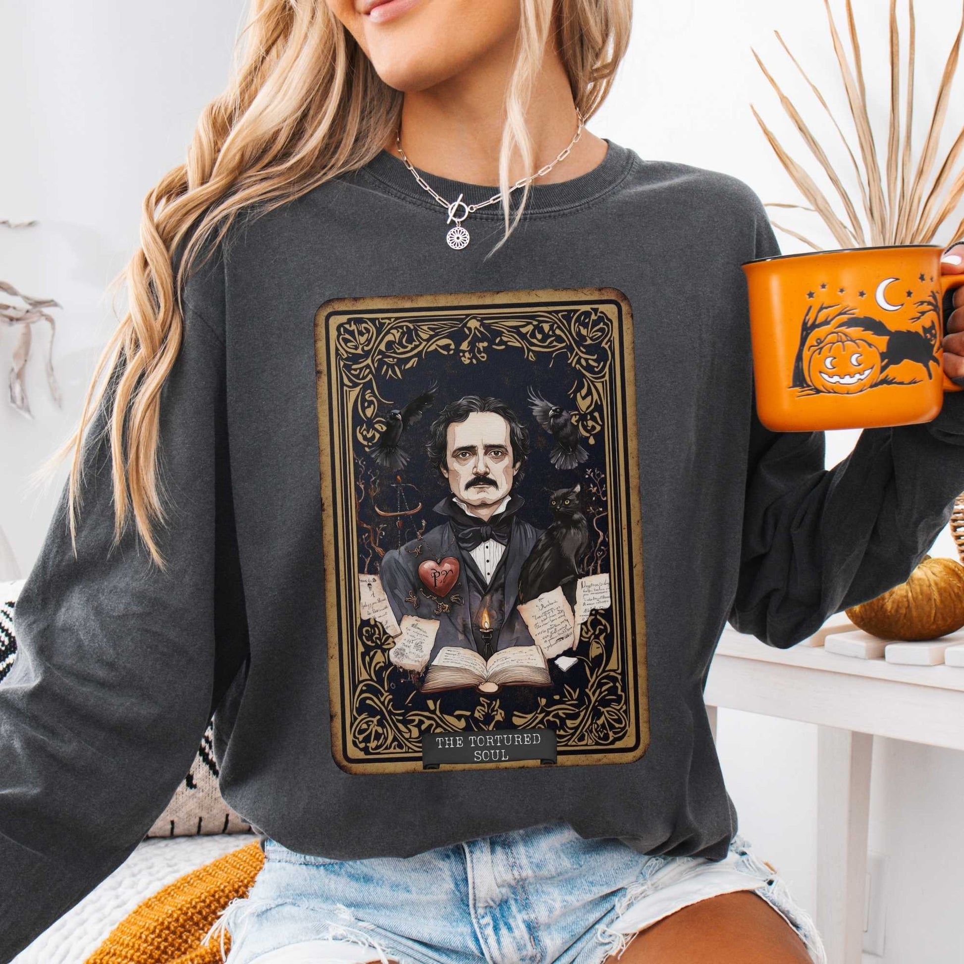 Long-sleeve Pepper / S The Tortured Soul Tarot Card Edgar Allan Poe Long Sleeved Shirt The Mystic Eden