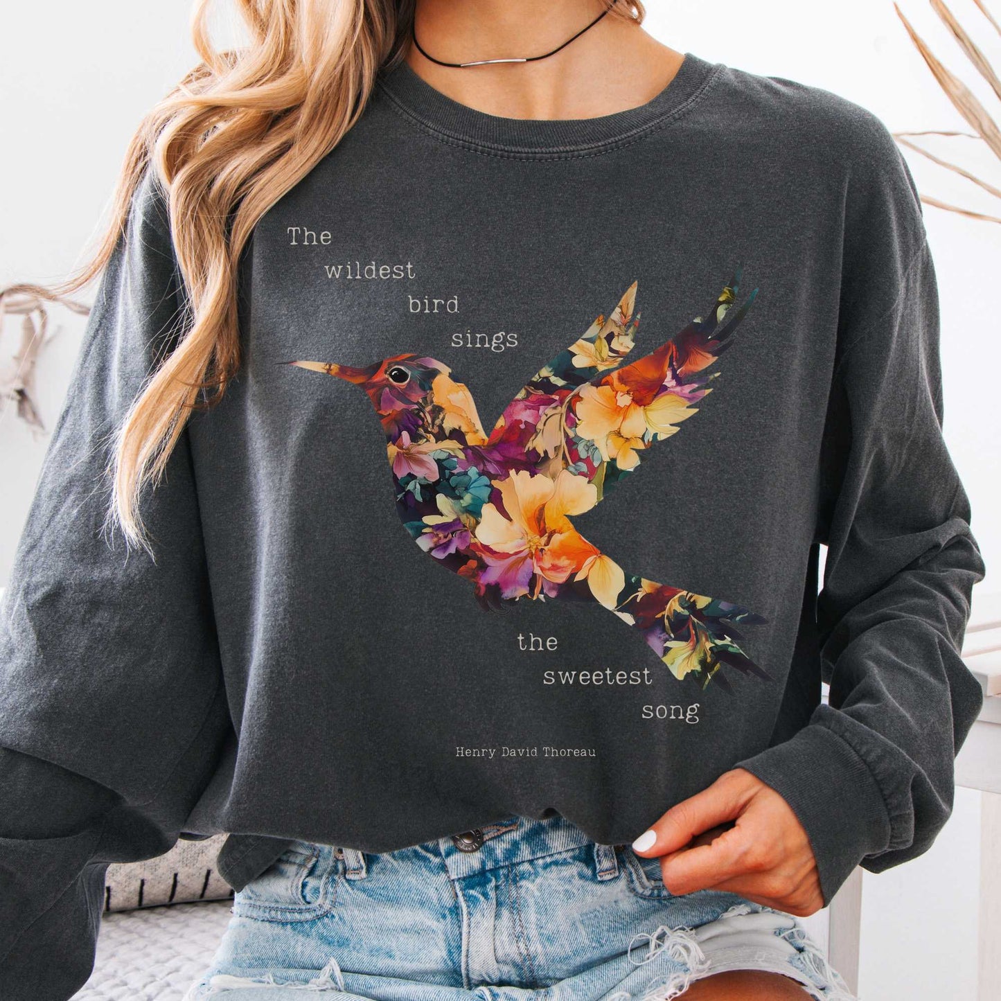 Long-sleeve Pepper / S Thoreau Shirt Long Sleeve Where The Wildest Bird Sings The Mystic Eden