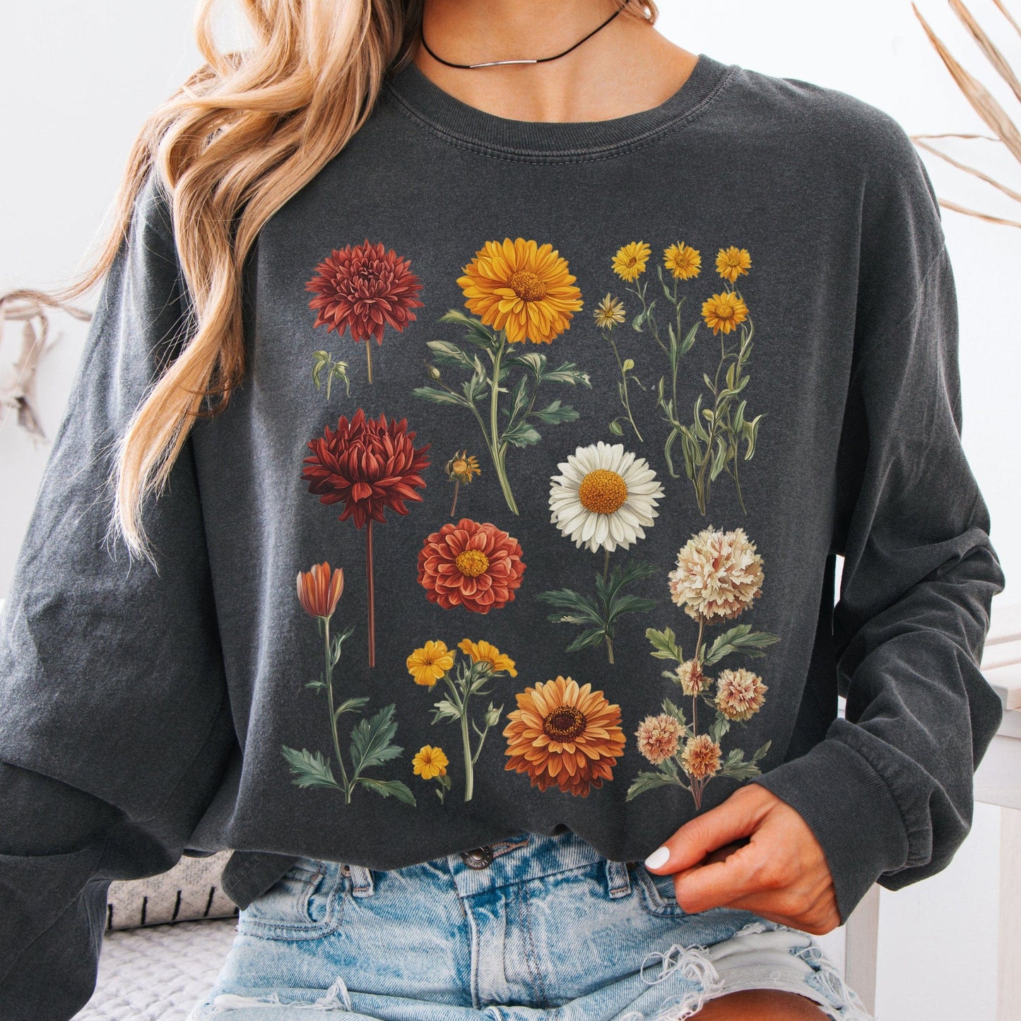 Long-sleeve Pepper / S Vintage Botanical Floral Long Sleeve Shirt The Mystic Eden