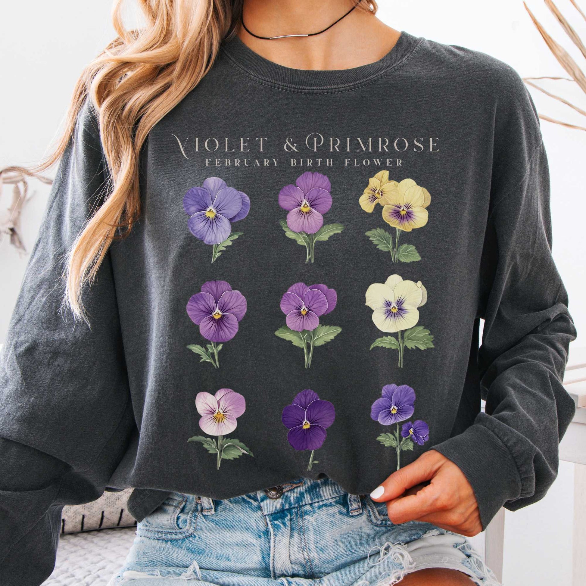 Long-sleeve Pepper / S Violet & Primrose February Birth Month Flower Long Sleeve Shirt The Mystic Eden