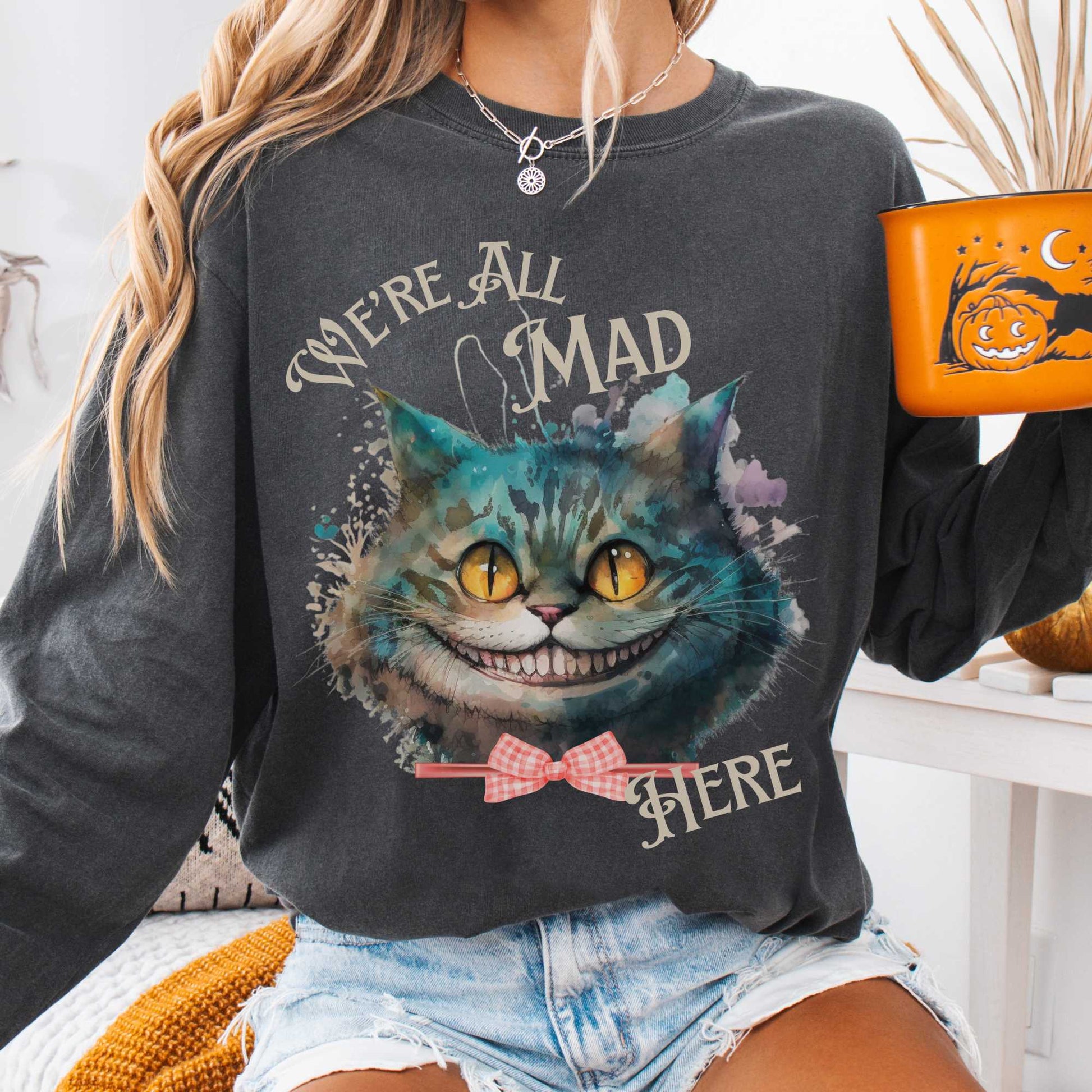 Long-sleeve Pepper / S We're All Mad Here Cheshire Cat Long Sleeve Shirt The Mystic Eden
