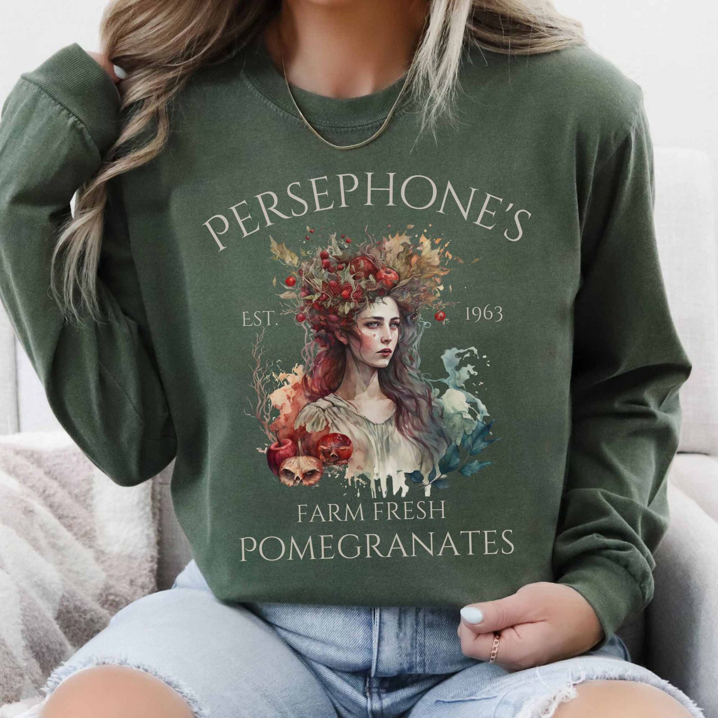 Long-sleeve Persephone's Farm Fresh Pomegranates Long Sleeve T-Shirt The Mystic Eden