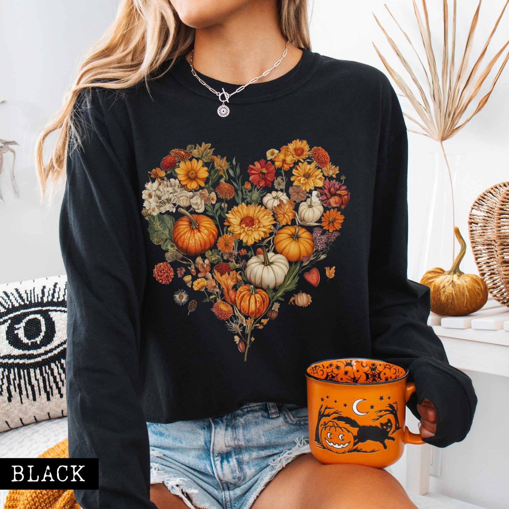 Long-sleeve Pumpkin floral fall heart - long sleeve tee The Mystic Eden