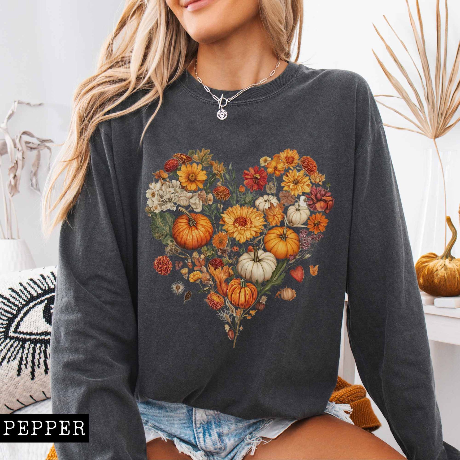 Long-sleeve Pumpkin floral fall heart - long sleeve tee The Mystic Eden
