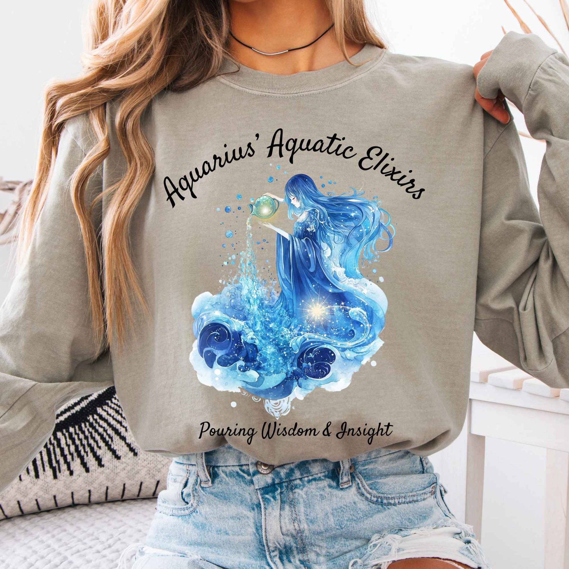 Long-sleeve Sandstone / S Aquarius Aquatic Elixirs Zodiac Long Sleeve Tee The Mystic Eden