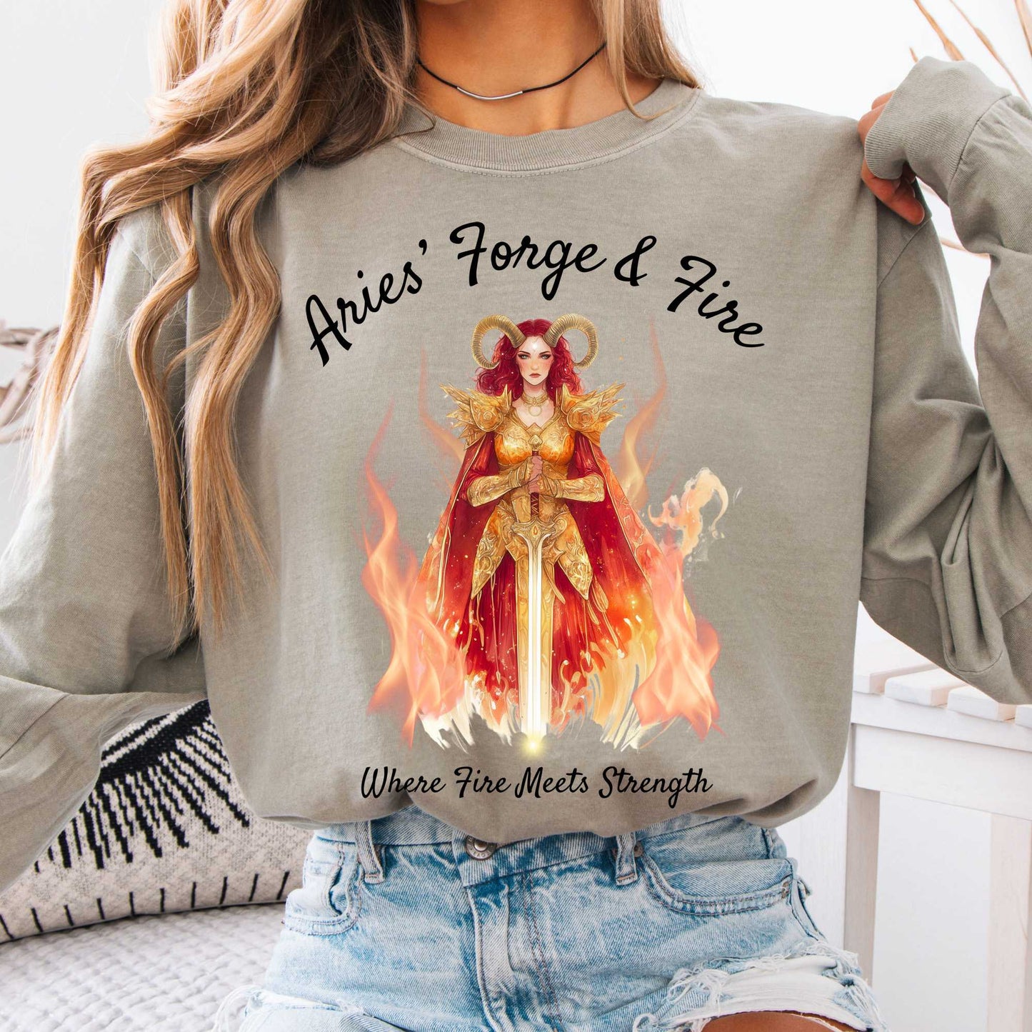 Long-sleeve Sandstone / S Aries' Forge & Fire Zodiac Long Sleeve Tee The Mystic Eden