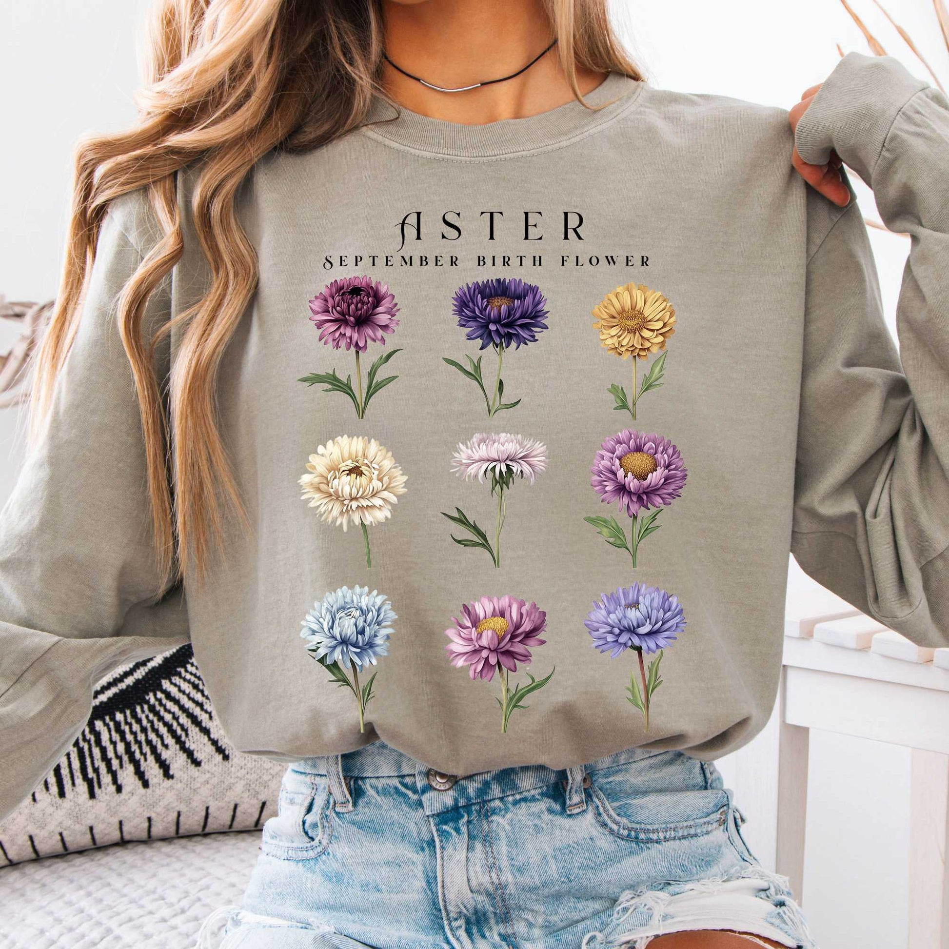 Long-sleeve Sandstone / S Aster September Birth Month Flower Long Sleeve Shirt The Mystic Eden