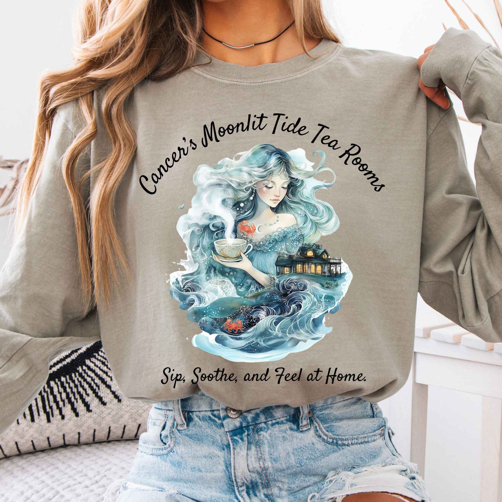 Long-sleeve Sandstone / S Cancer's Moonlit Tide Tea Rooms Zodiac Long Sleeve Tee The Mystic Eden