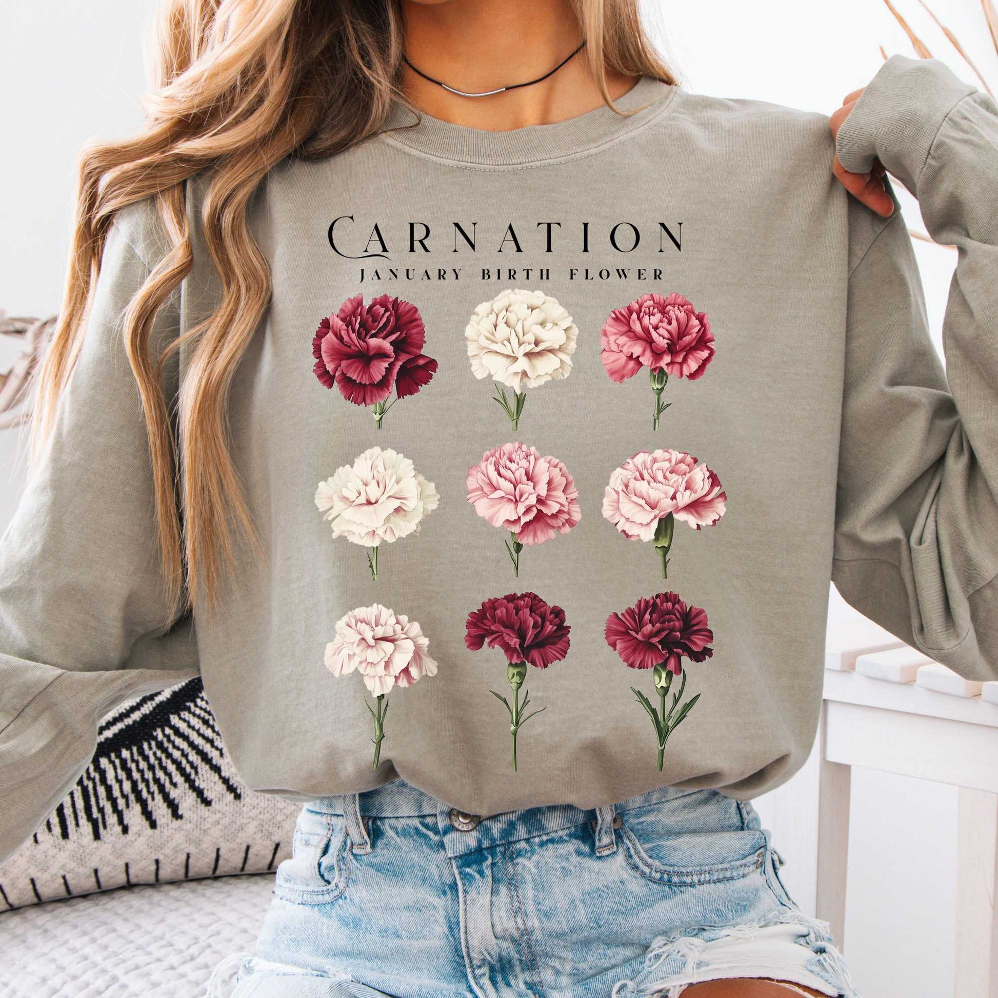 Long-sleeve Sandstone / S Carnation January Birth Month Flower Long Sleeve Shirt The Mystic Eden
