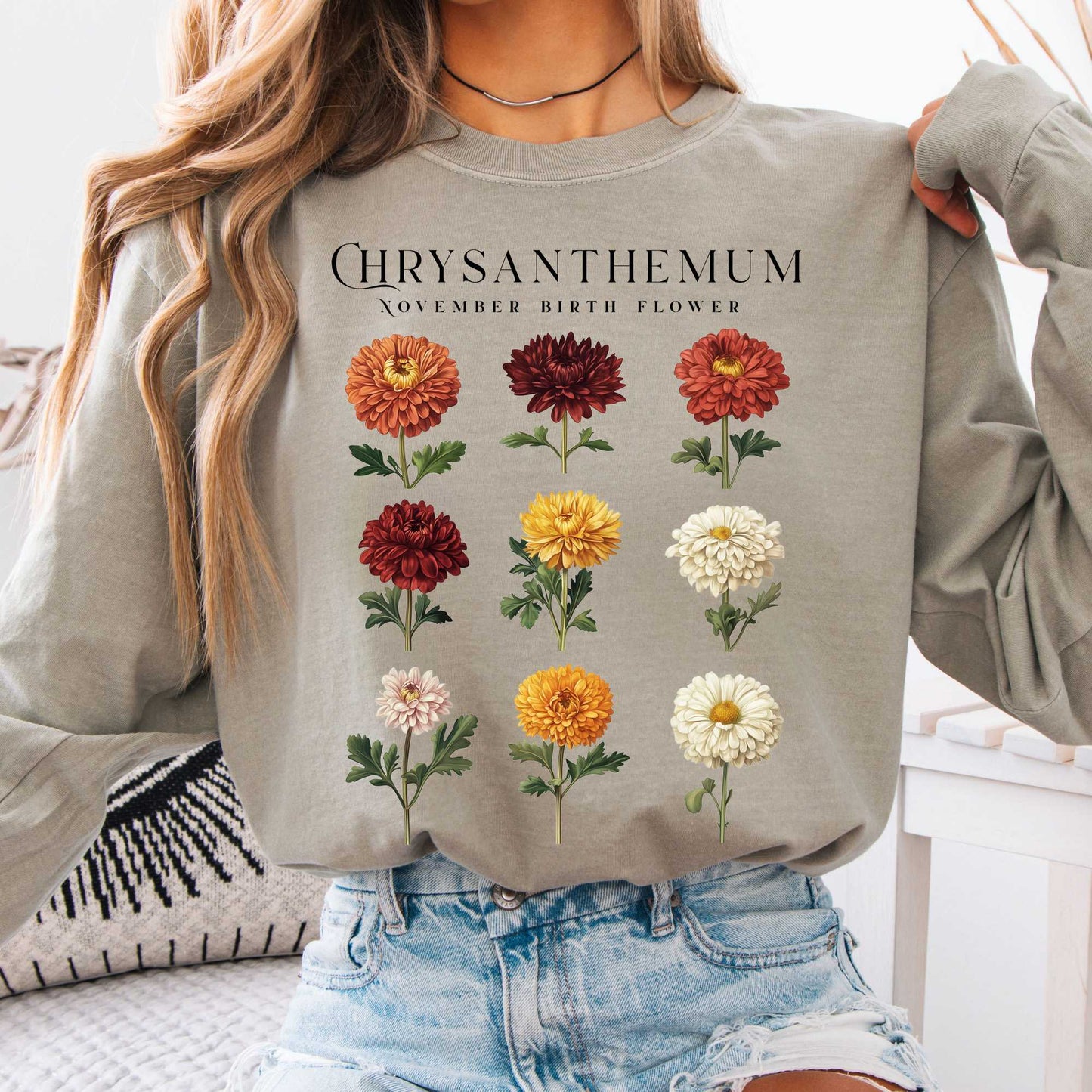 Long-sleeve Sandstone / S Chrysanthemum November Birth Month Flower Long Sleeve Shirt The Mystic Eden