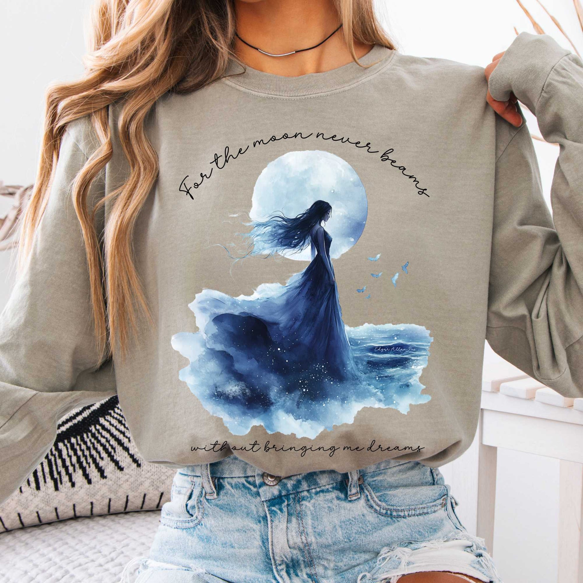Long-sleeve Sandstone / S For The Moon Never Beams Without Bringing Me Dreams Edgar Allan Poe Long Sleeve Shirt The Mystic Eden