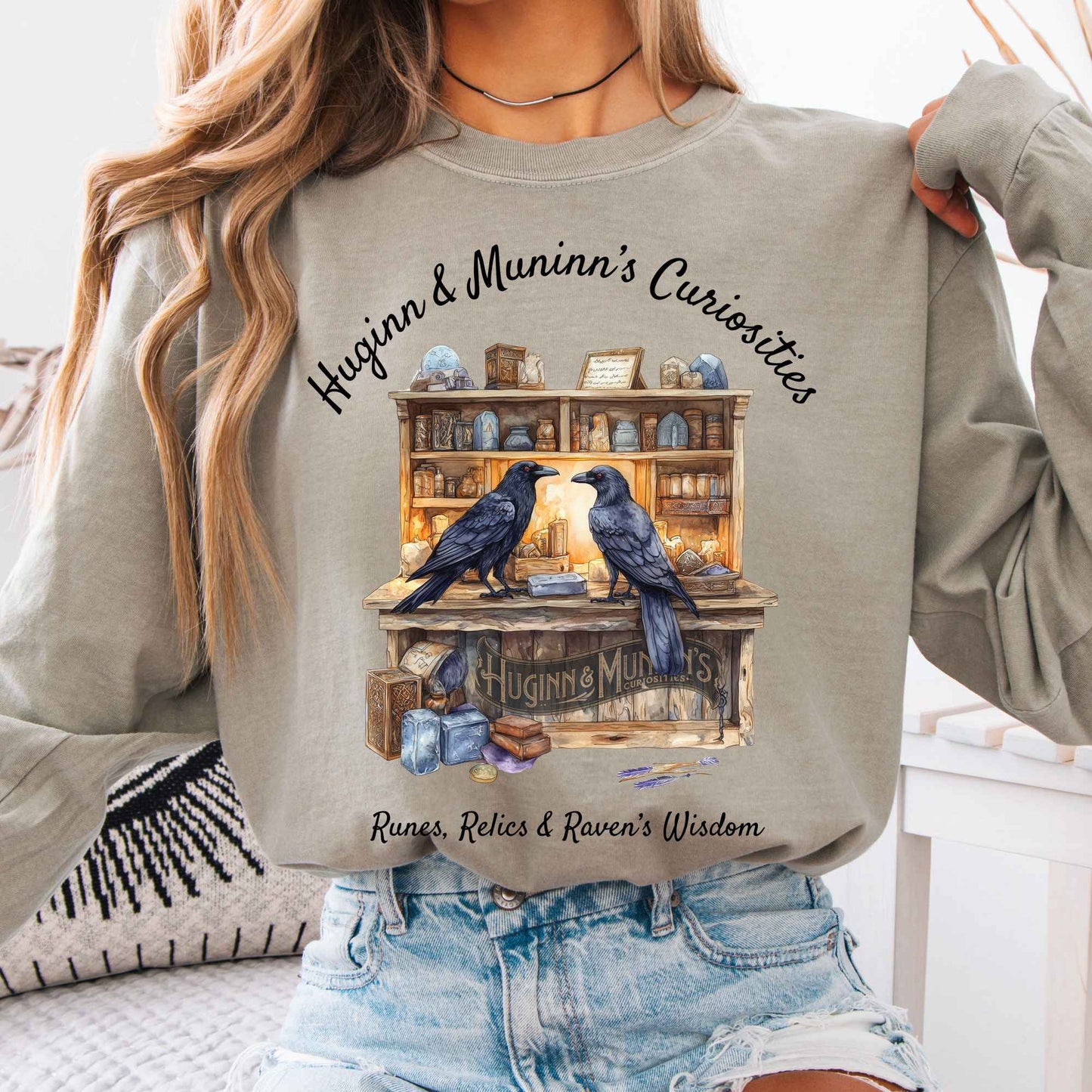 Long-sleeve Sandstone / S Huginn & Muninn's Curiosities Norse Gods Long Sleeve Shirt The Mystic Eden