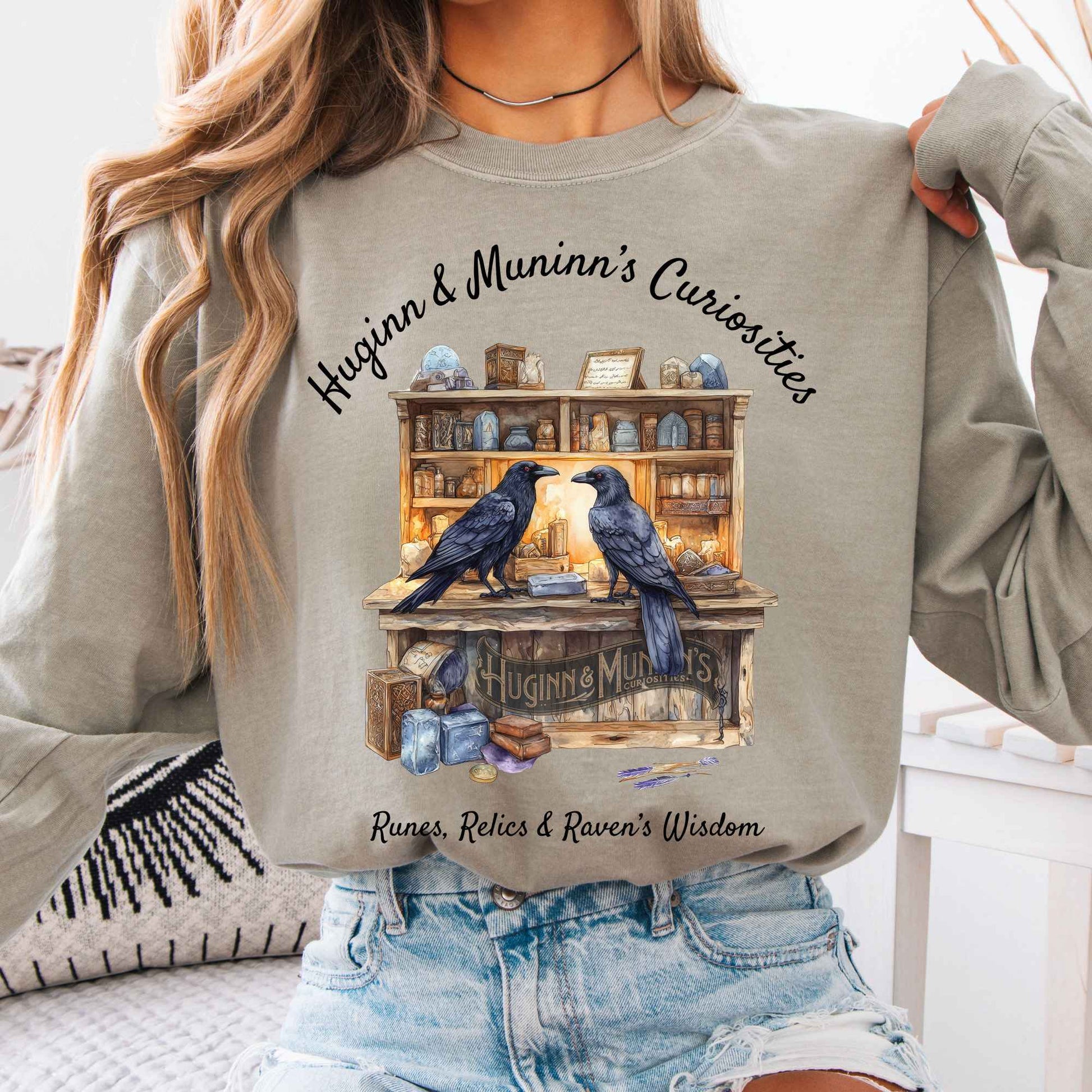 Long-sleeve Sandstone / S Huginn & Muninn's Curiosities Norse Gods Long Sleeve Shirt The Mystic Eden