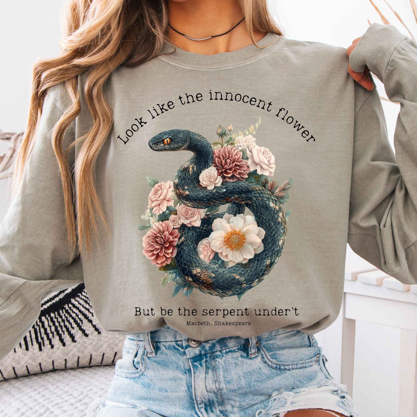 Long-sleeve Sandstone / S Look Like The Innocent Flower But Be The Serpent Under't Shakespeare Long Sleeve Shirt The Mystic Eden