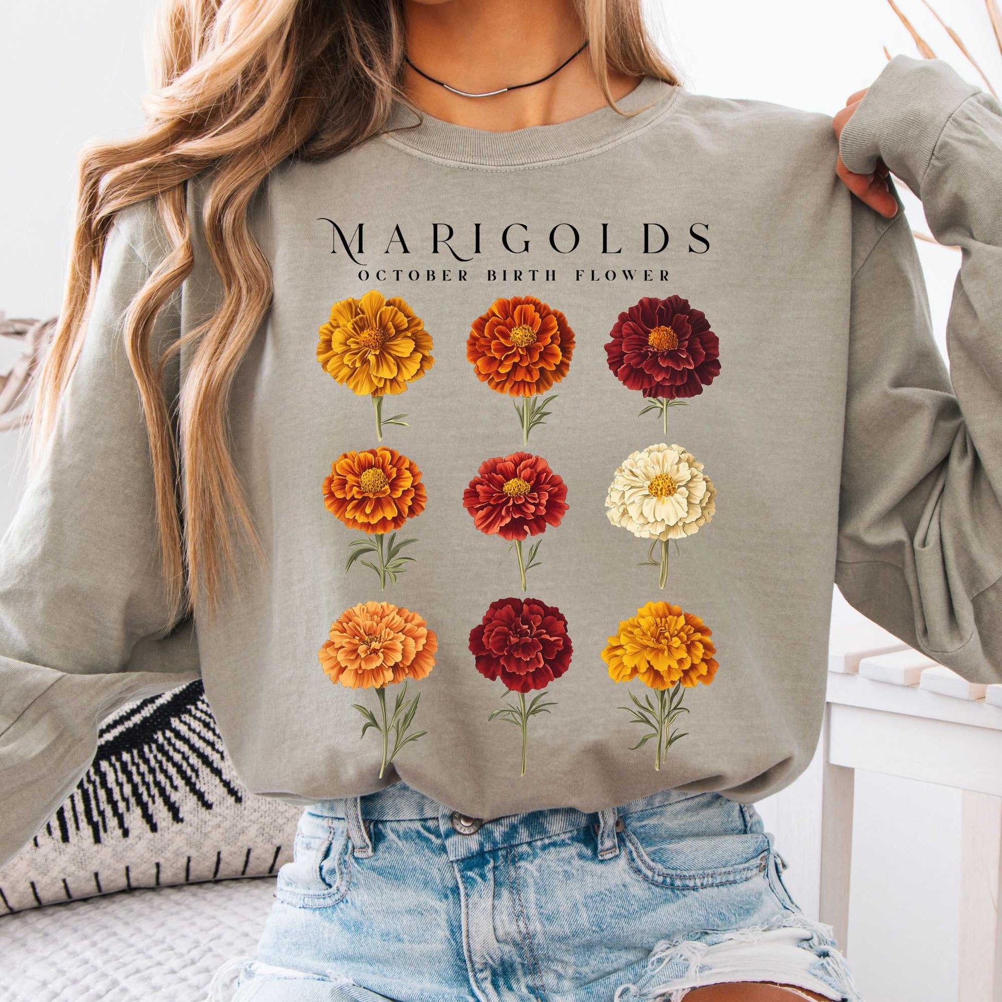 Long-sleeve Sandstone / S Marigolds October Birth Month Flower Long Sleeve Shirt The Mystic Eden