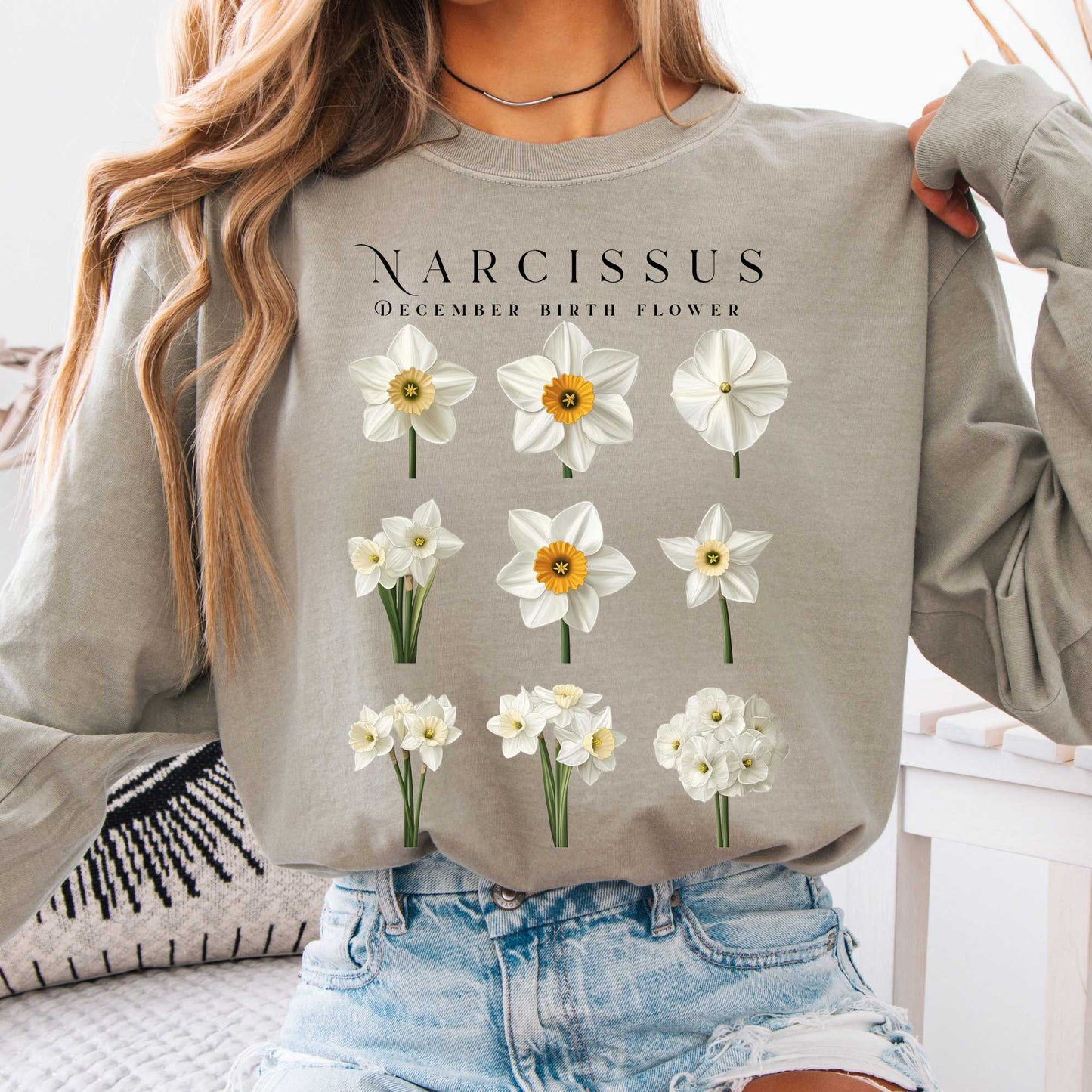 Long-sleeve Sandstone / S Narcissus December Birth Month Flower Long Sleeve Shirt The Mystic Eden