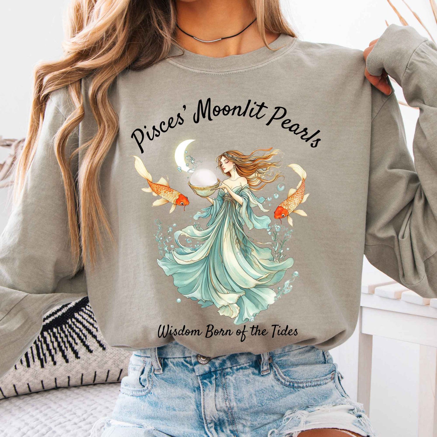 Long-sleeve Sandstone / S Pisces' Moonlit Pearls Zodiac Long Sleeve Tee The Mystic Eden