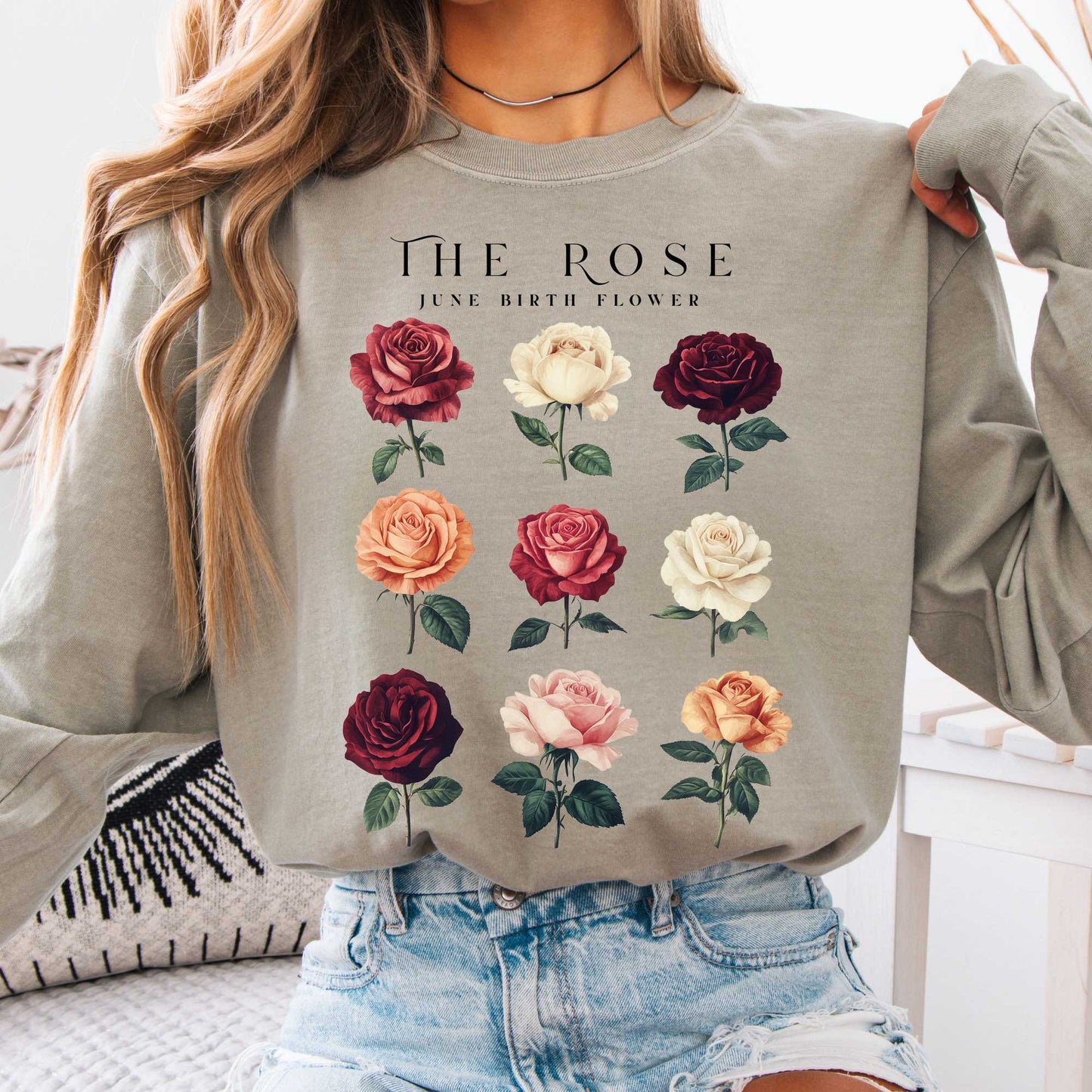 Long-sleeve Sandstone / S The Rose June Birth Month Flower Long Sleeve Shirt The Mystic Eden