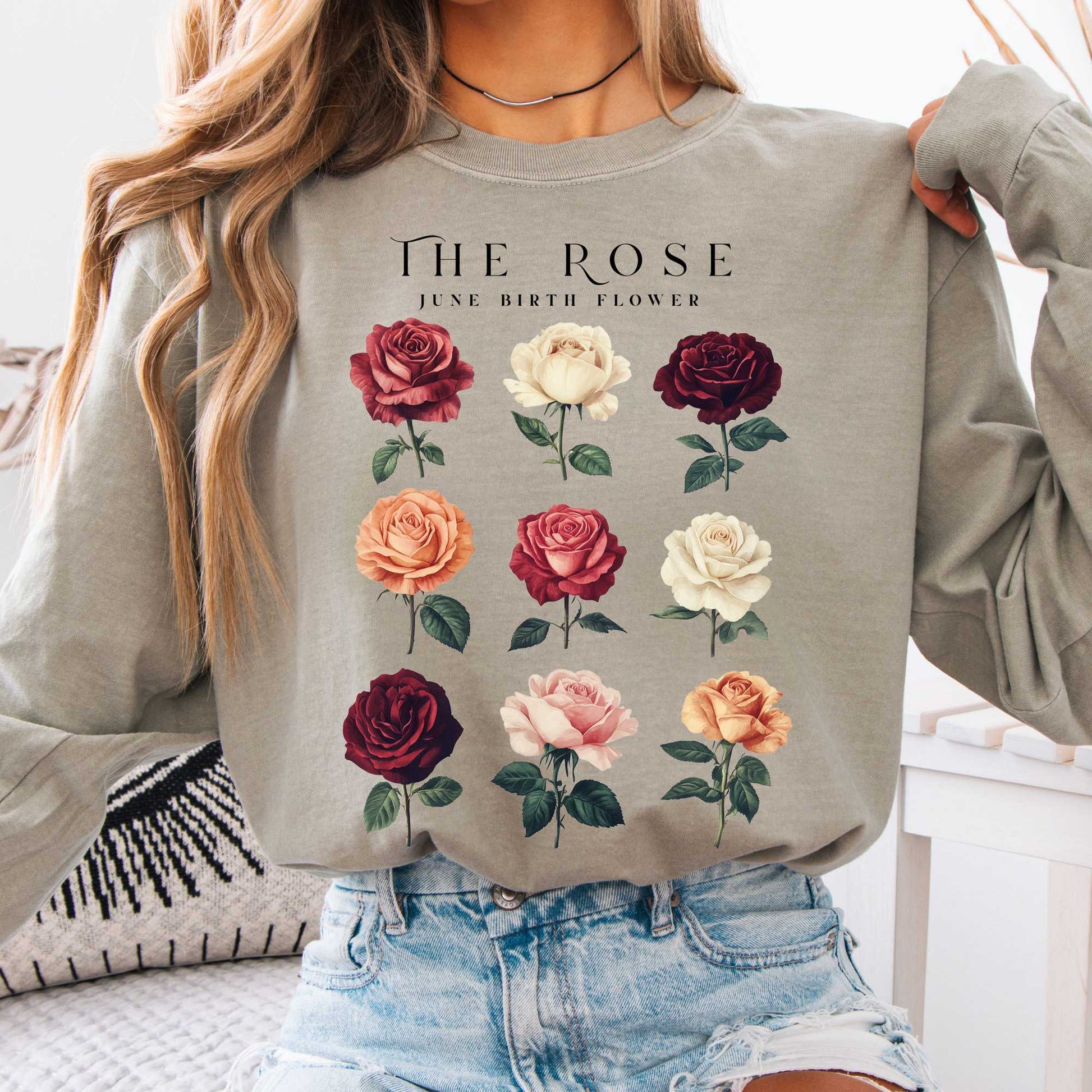 Long-sleeve Sandstone / S The Rose June Birth Month Flower Long Sleeve Shirt The Mystic Eden