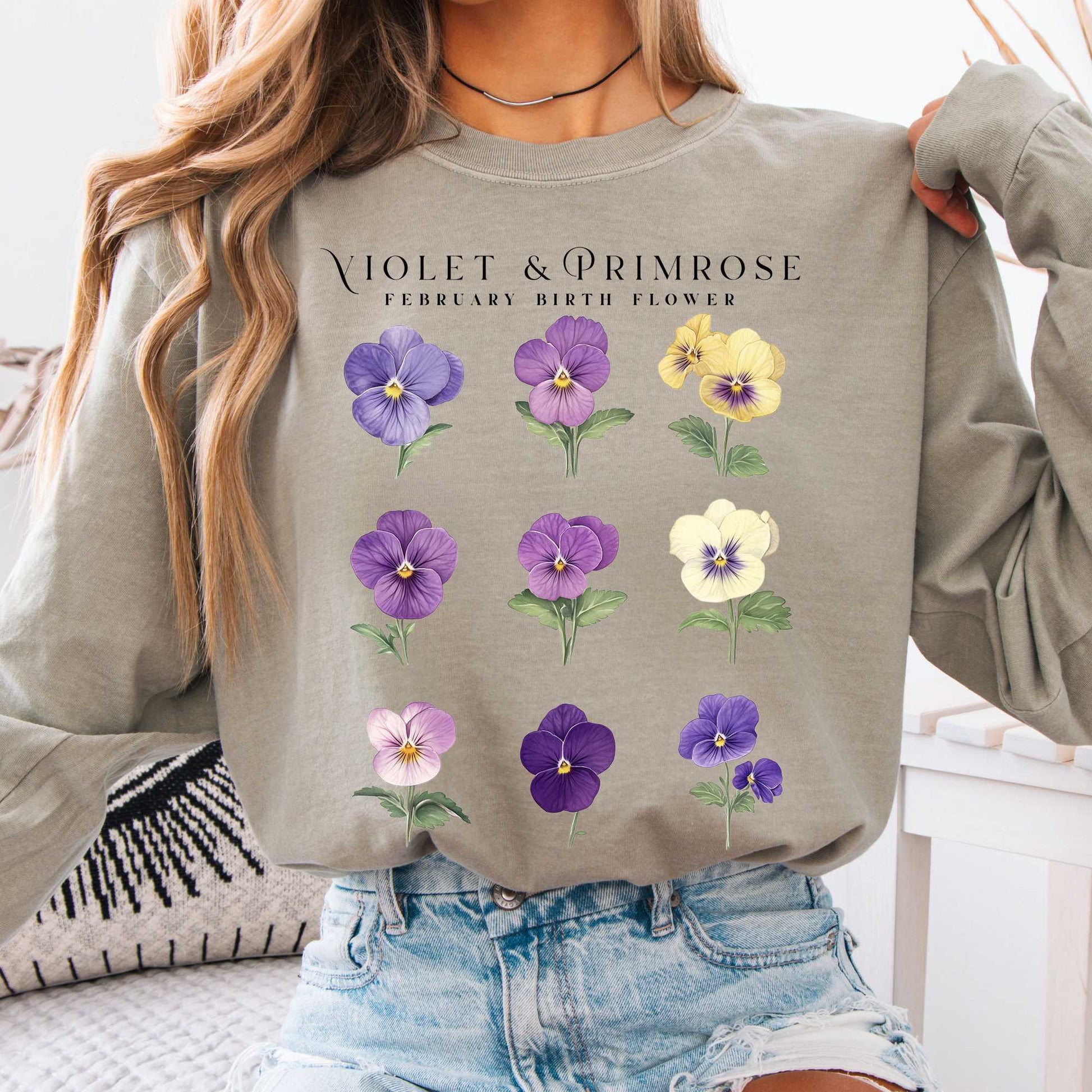 Long-sleeve Sandstone / S Violet & Primrose February Birth Month Flower Long Sleeve Shirt The Mystic Eden