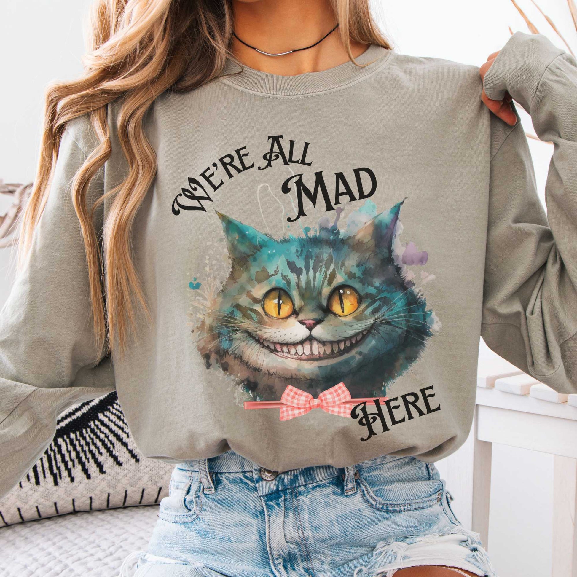 Long-sleeve Sandstone / S We're All Mad Here Cheshire Cat Long Sleeve Shirt The Mystic Eden