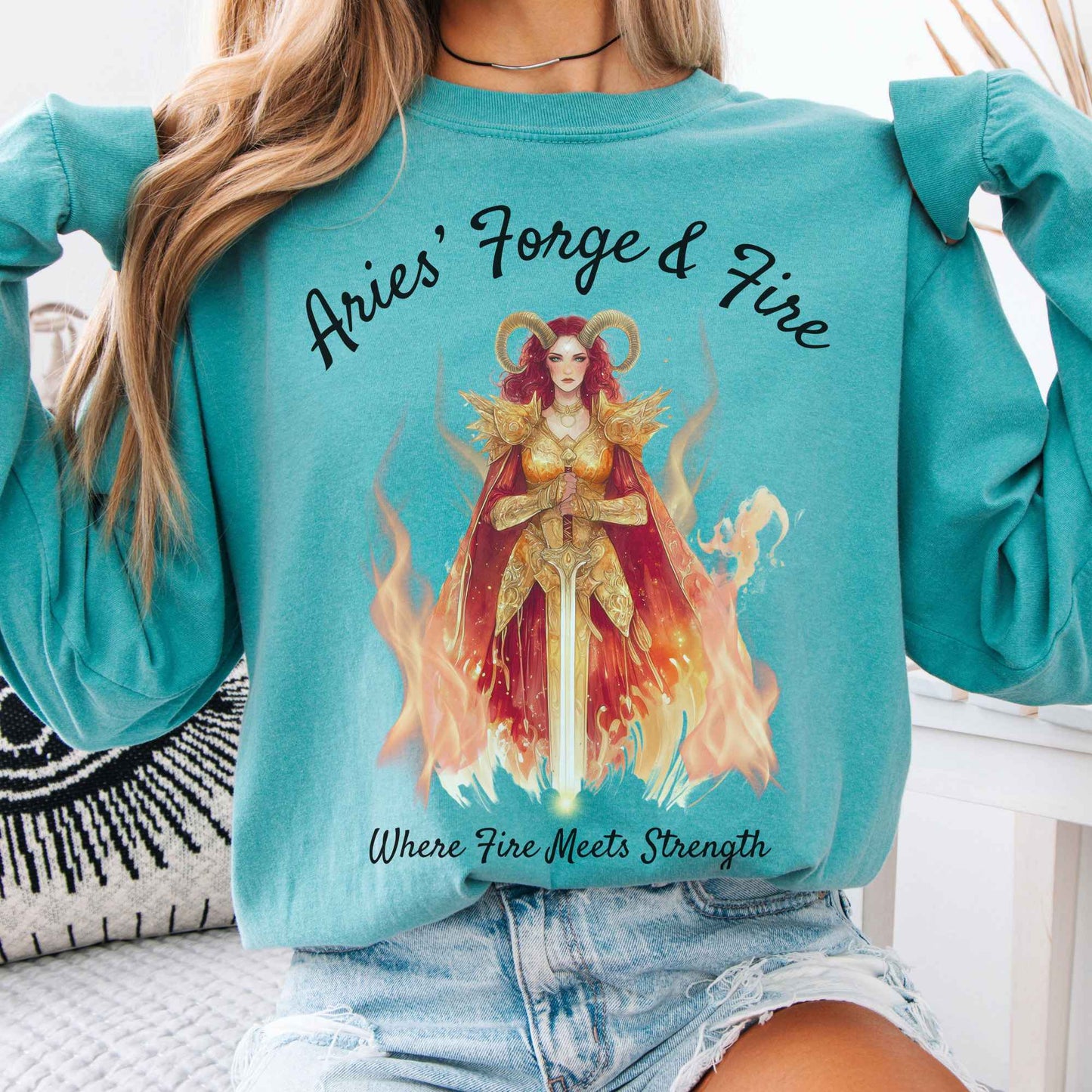 Long-sleeve Seafoam / S Aries' Forge & Fire Zodiac Long Sleeve Tee The Mystic Eden